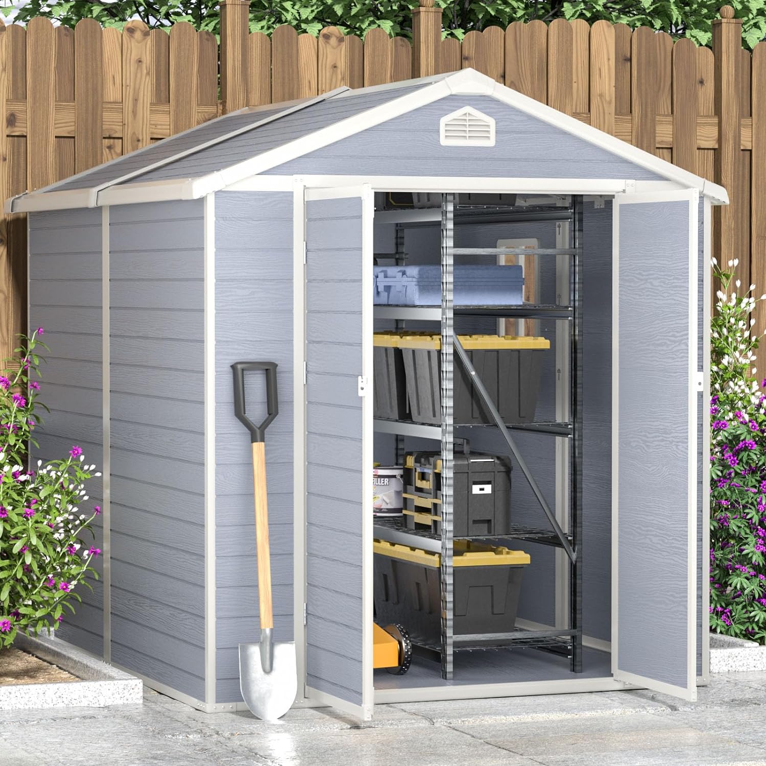6’x8’ Resin Outdoor Storage Shed, Utility Tool Shed Storage House,  Gray