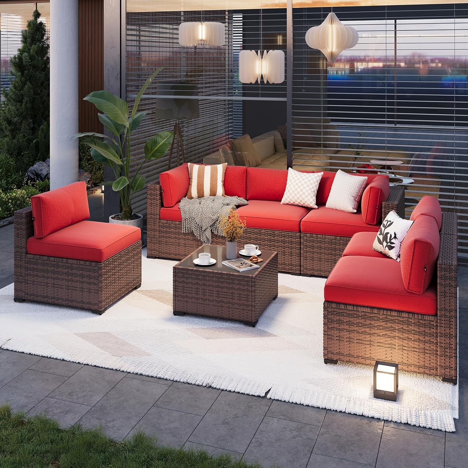 7 pcs Patio Wicker Sofa Sets with Umbrella / Fire Pit
