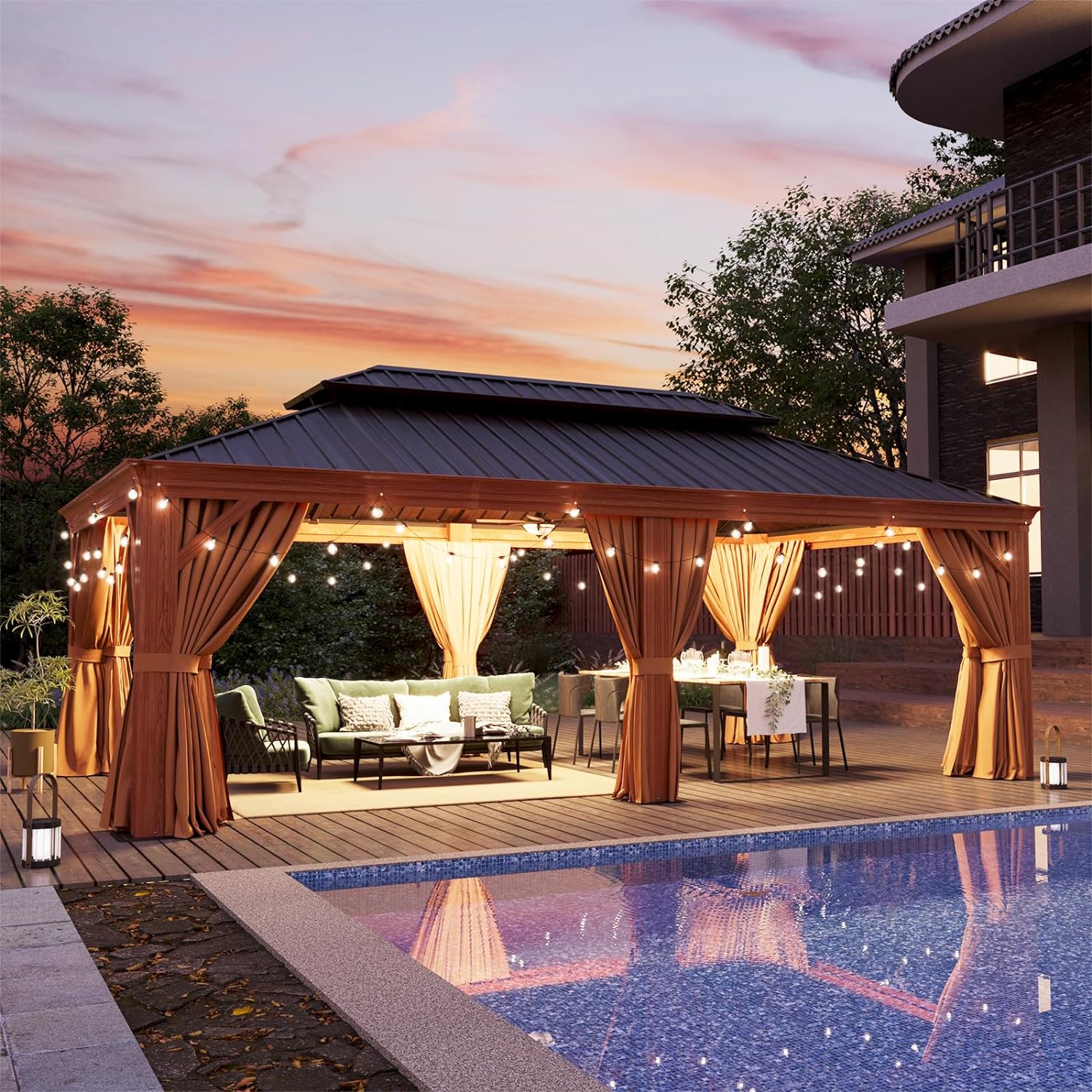 Aoxun 12' x 20' Wood-Finish Hardtop Gazebo with Curtains & Netting