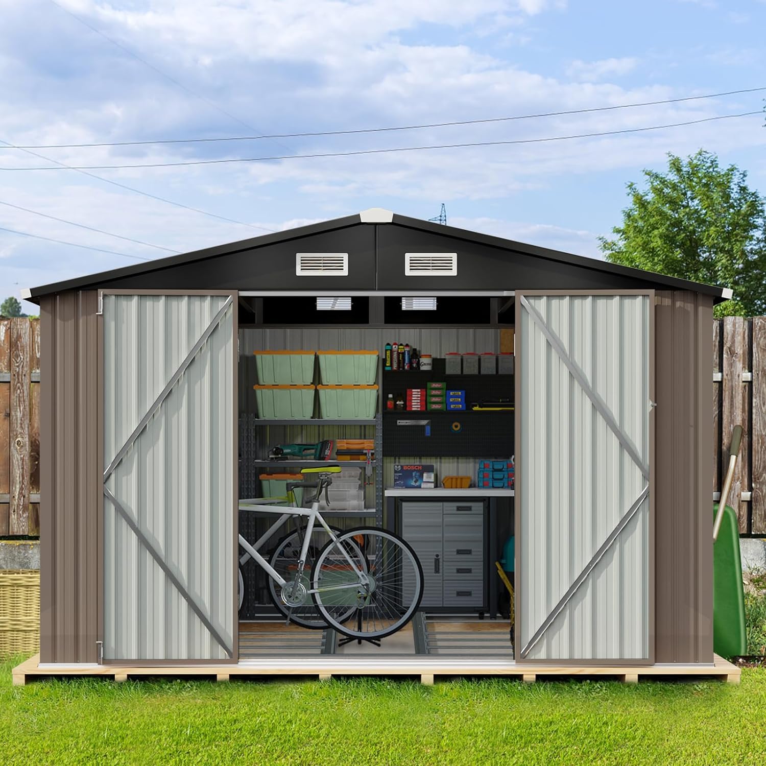 8.5 x 5.6 ft Utility Metal Shed with Base, Galvanized Steel Tool Storage Shed with Air Vent and Lockable Door