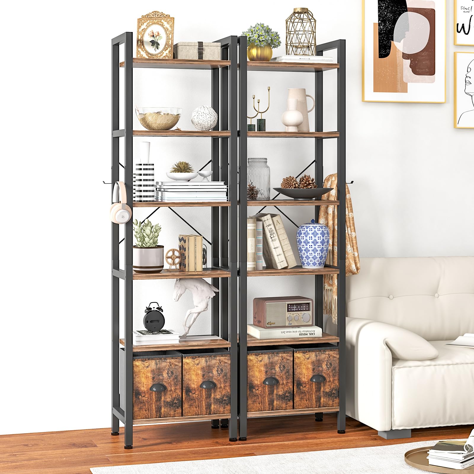 6 Shelf Bookcase with 2 Drawers, 71" Rustic Brown Bookshef for Living Room and Home Office
