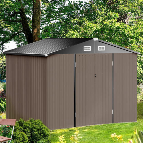 10 x 8 ft Utility Metal Shed with/without Base, Galvanized Steel Tool Storage Shed, with Air Vent and Lockable Door, Brown
