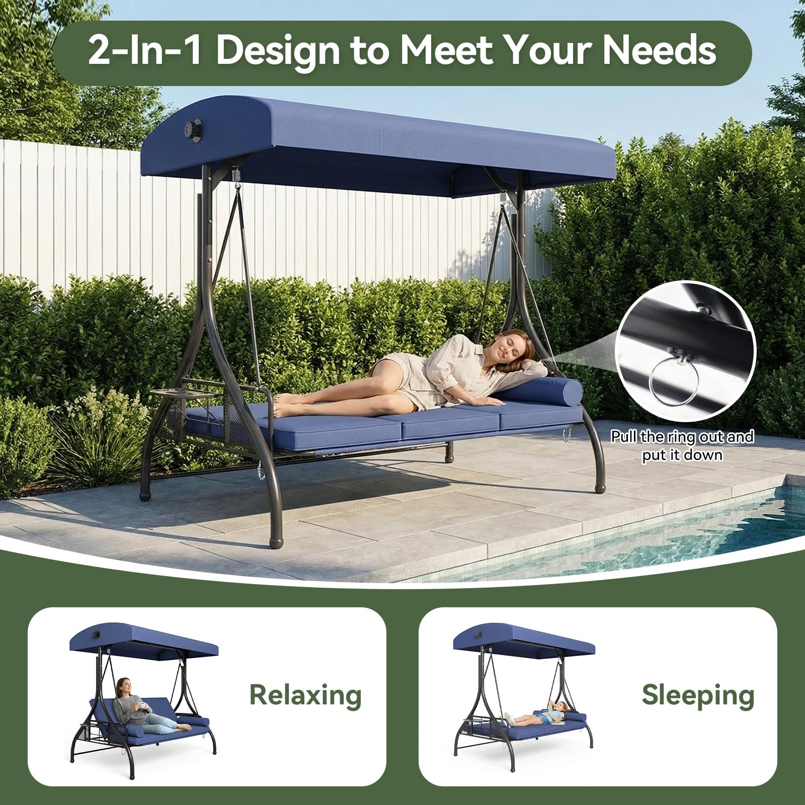 Aoxun Outdoor Porch Swing with Stand and Canopy, 3 Seats Outdoor Swings for Adults, Convertible 2 in 1 Swing Bed with Cup Holder, Patio Swings with Thicken Cushions for Garden, Yard & Balcony, Blue