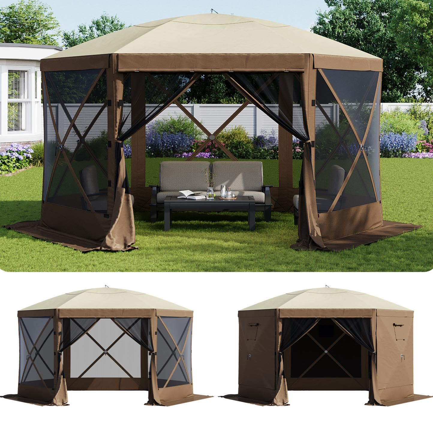 Aoxun 12x12FT Pop Up Canopy Tent, 6-Sided Pop-up Gazebo Screen Tent with Mesh Windows, Outdoor Canopy Shelter Tent with Carrying Bag, Large Shade Tents for Camping, Backyard, Patio, Lawn, Brown