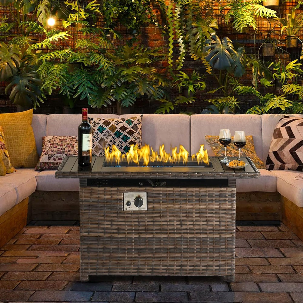 Aoxun 40" Propane Fire Pit Table, 50,000 BTU with Cover, Brown Wicker