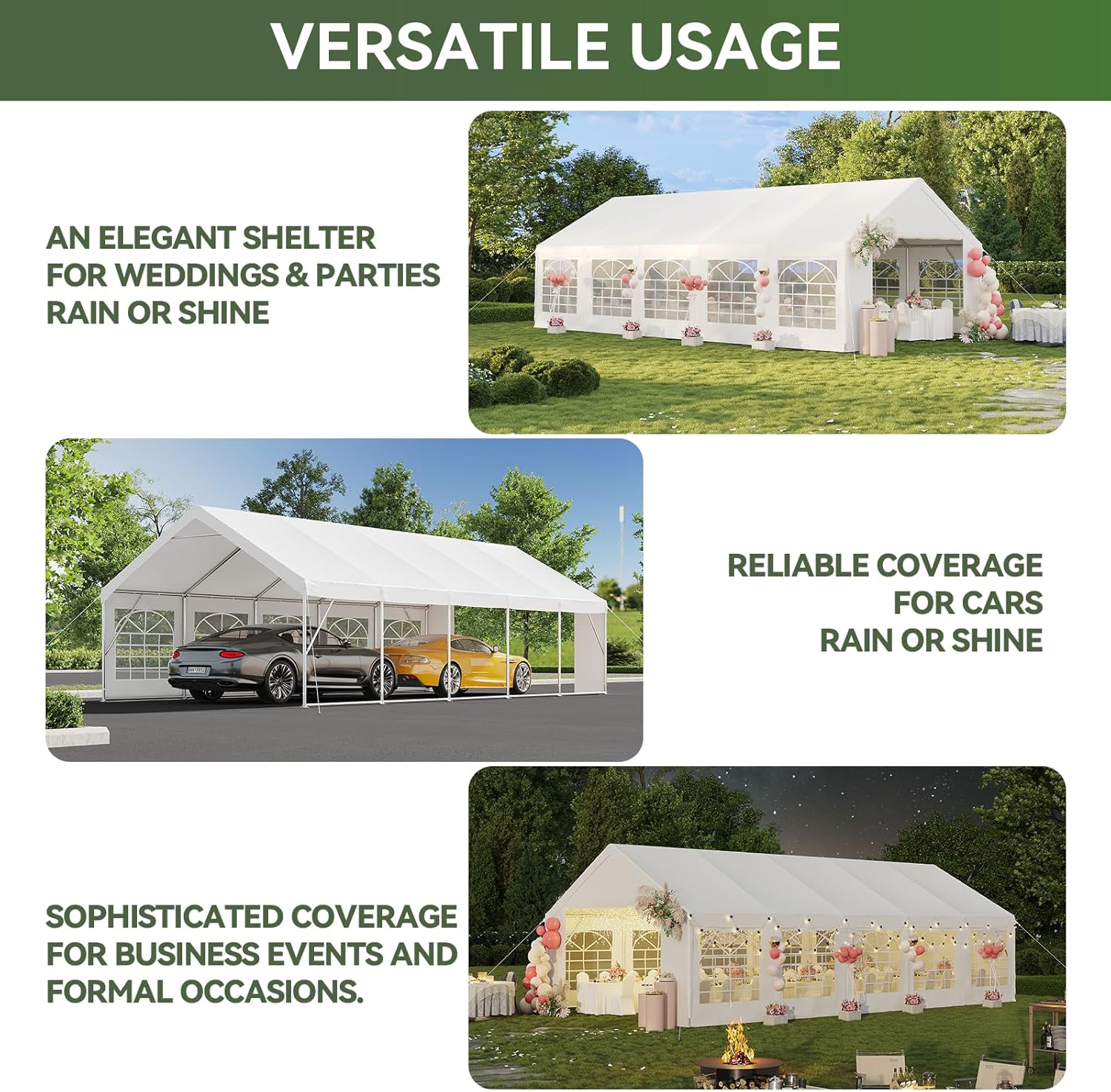 Aoxun 33x17 Heavy-Duty Party Tent, Waterproof Canopy with Removable Walls & Roll-Up Door,for Weddings, BBQ, Camping Party Tent,White
