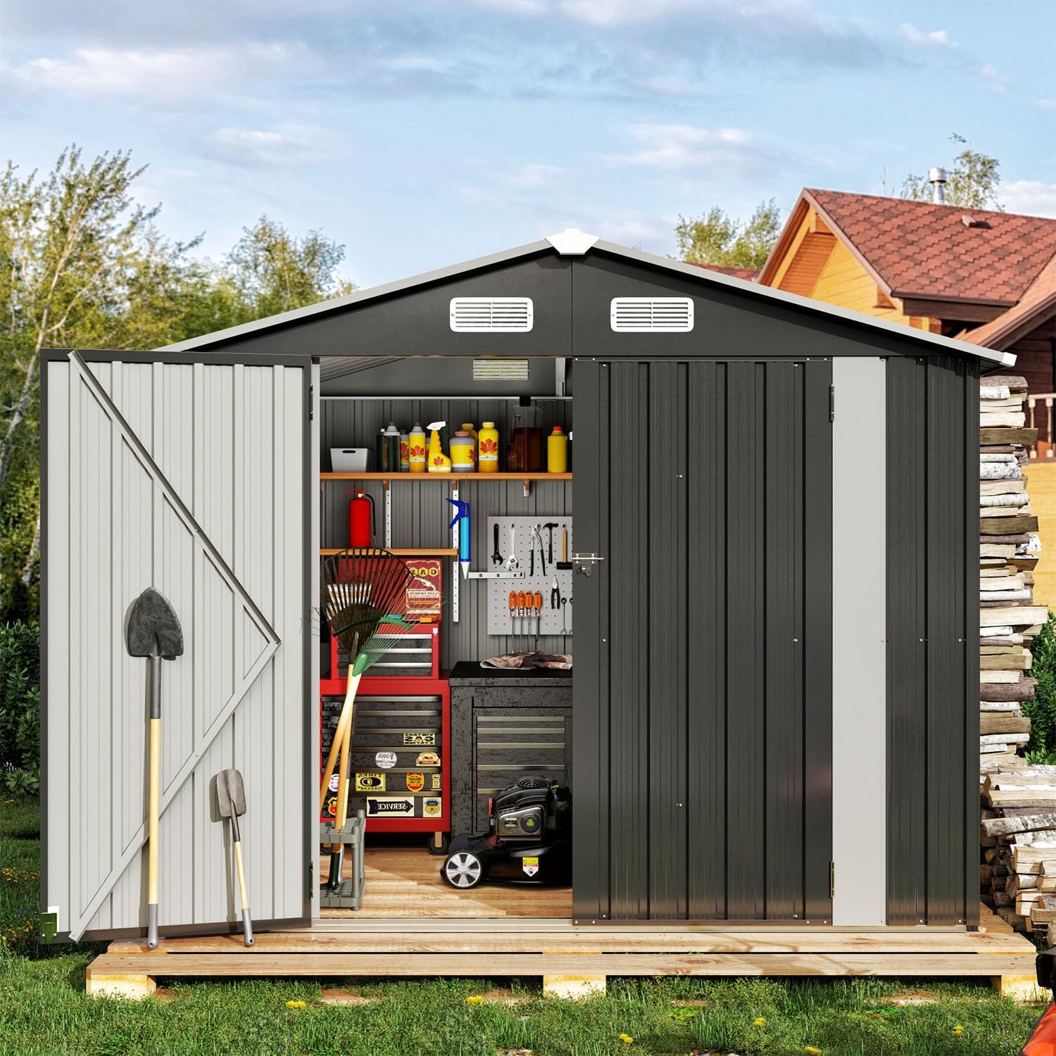 7.8 x 5.8 FT Metal Utility Tool Shed, Steel Storage Shed with Air Vent & Lockable Doors, Grey / Black