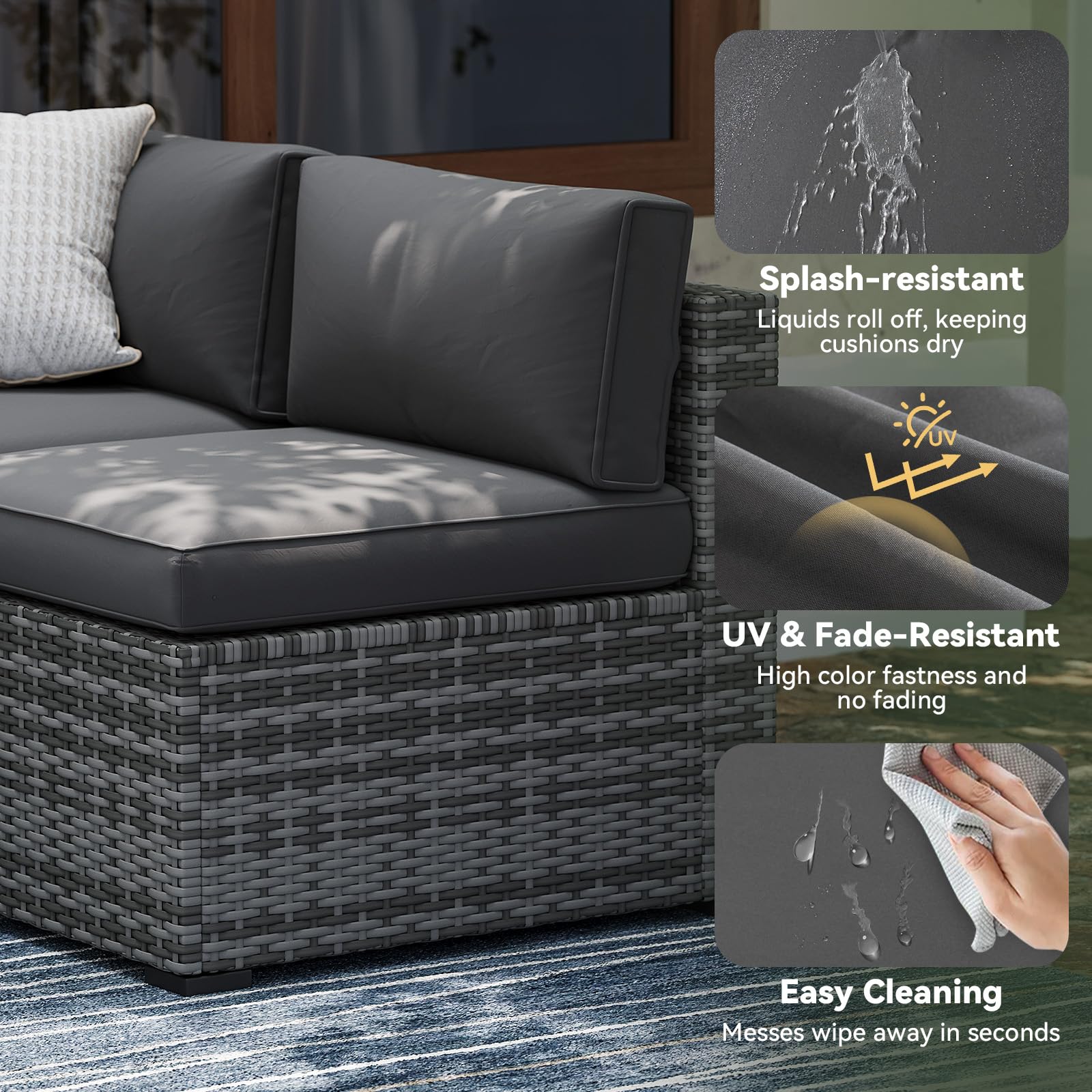 Aoxun Replacement Cushions for Outdoor Furniture, 9-Piece Outdoor Cushions for Patio Furniture, Deep Seat, Splash-Proof & Fade Resistant Couch Cushion for 4-Seat Patio Conversation Sets, Dark Grey