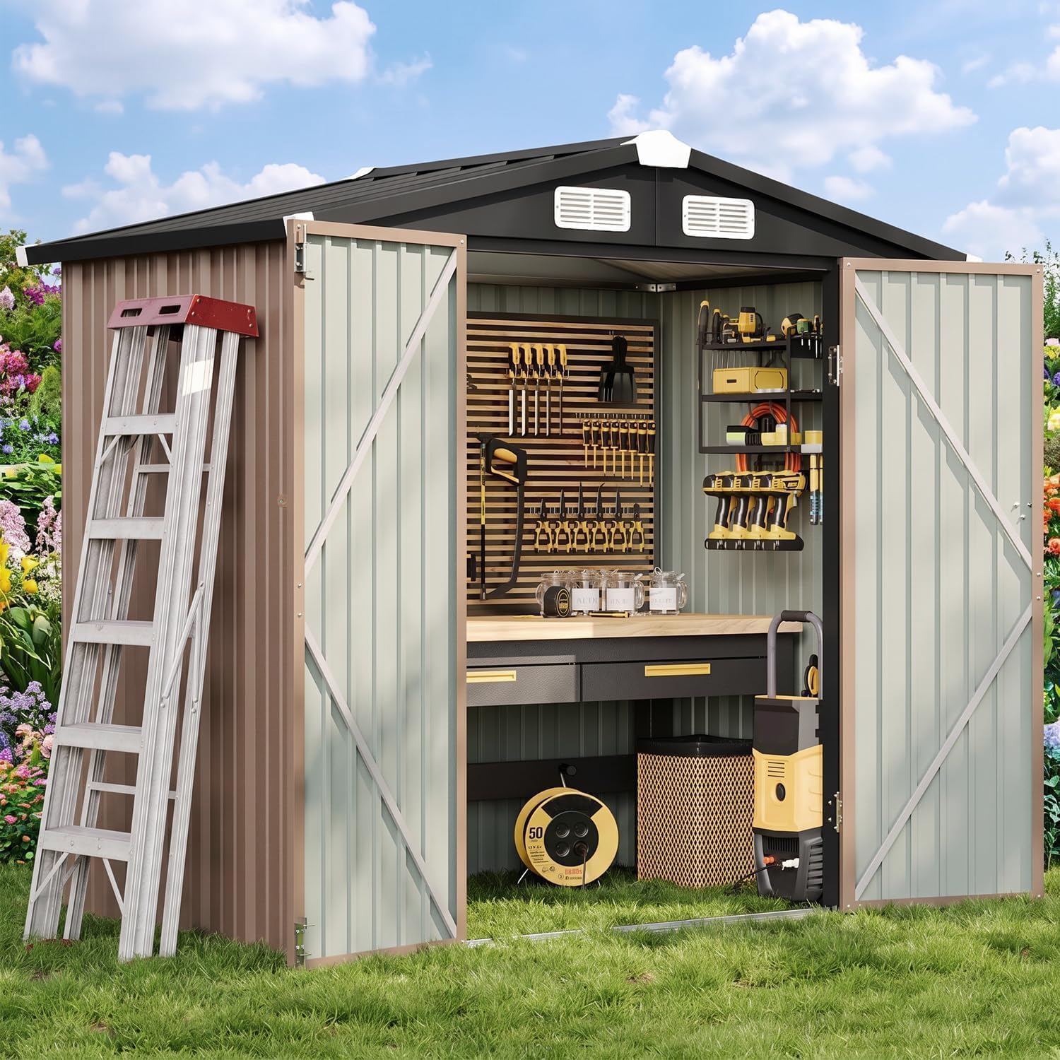 Aoxun 6' x 4' Metal Storage Shed, Brown