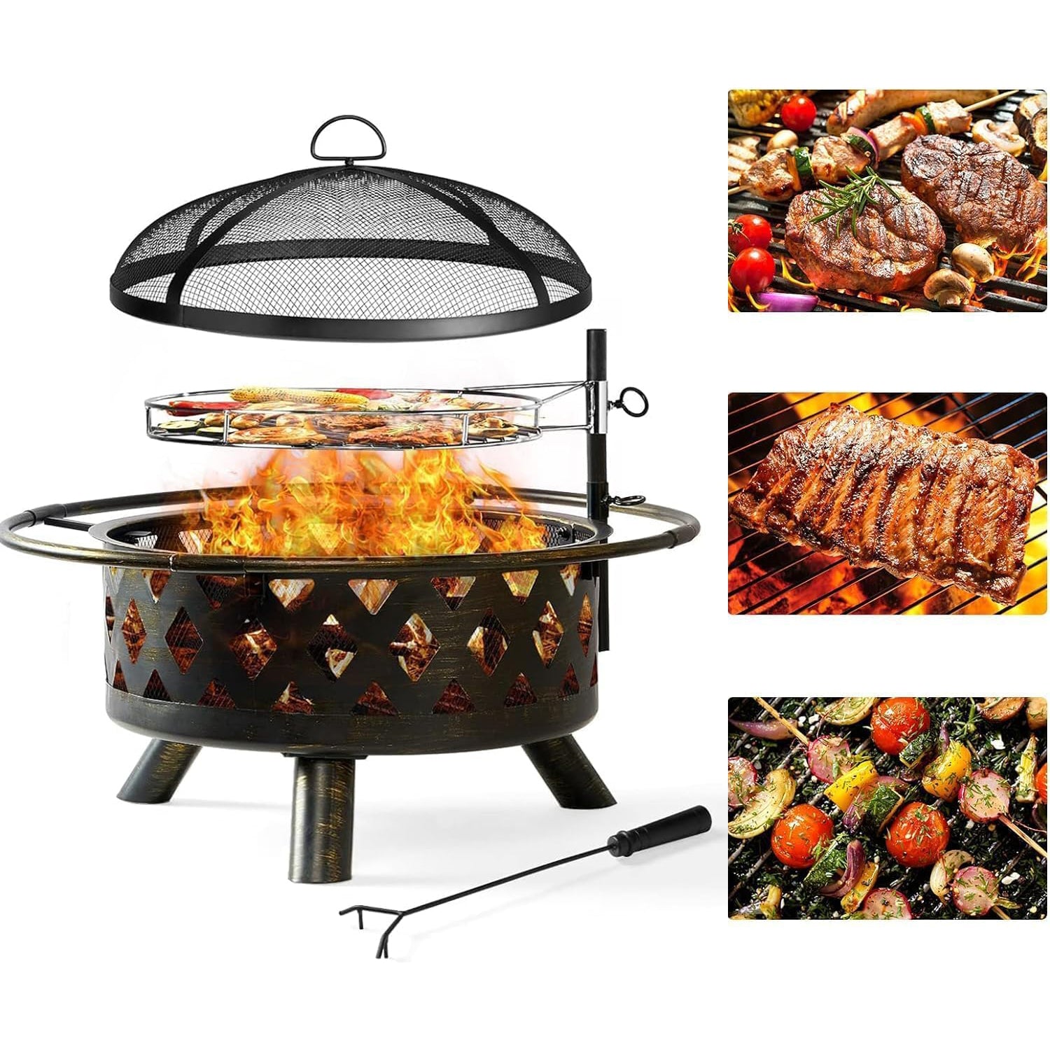 Fire Pit with Cooking Grate Grill, Outdoor Wood Burning Fire Pit with Cover & Fire Poker