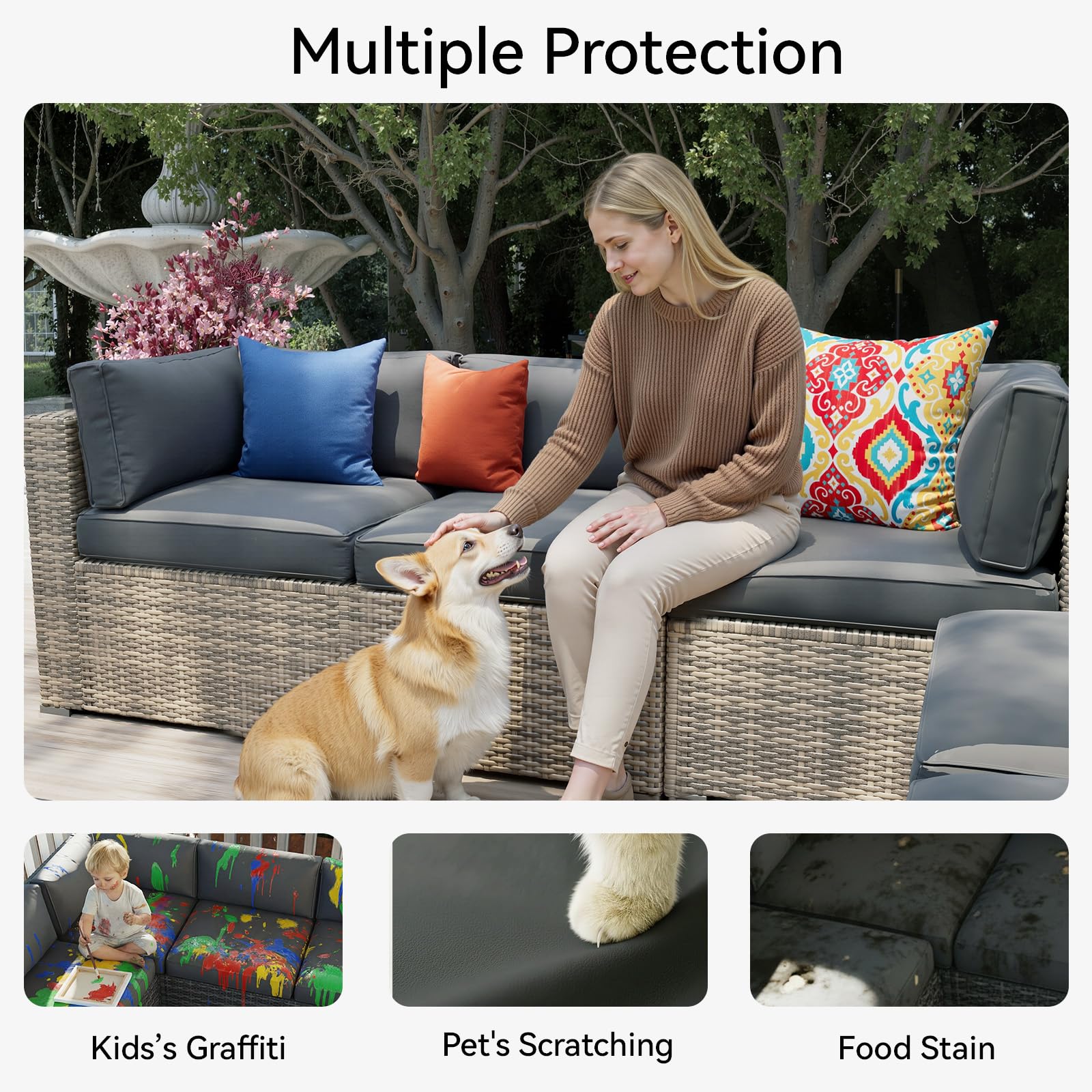 Aoxun 14pcs Patio Cushion Covers Replacement, Waterproof Outdoor Furniture Cushion Covers with Zipper and Non-Slip Bottom, Patio Sofa Couch 3 Sizes for Patio Sectional, Covers Only (Grey)