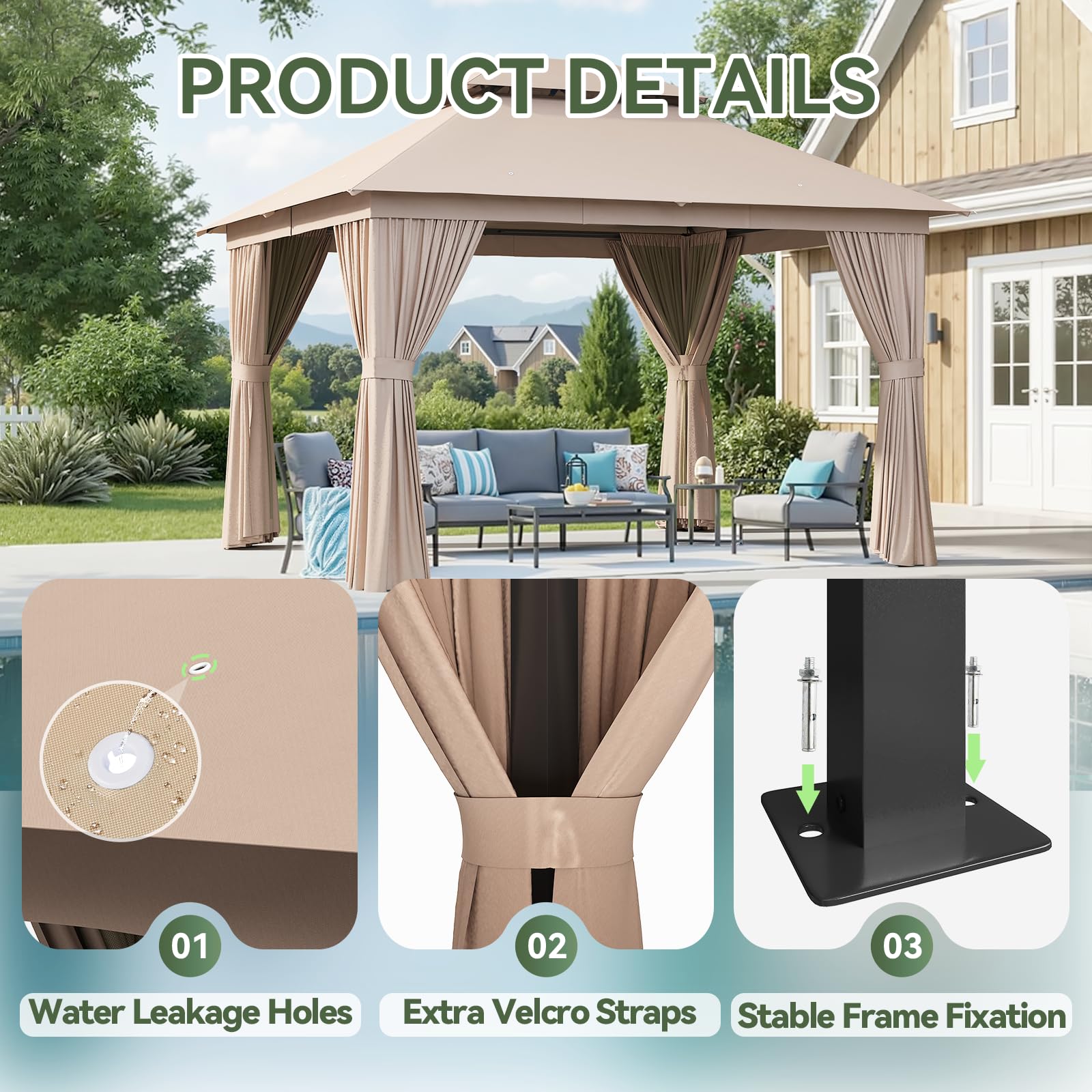 Aoxun Outdoor Gazebo for Patio 10x12 Metal Frame Canopy with Double Roofs Heavy Duty Party Tent and Shelter with Mosquito Netting and Privacy Screen for Backyard, Lawn, Garden, Deck (Khaki)