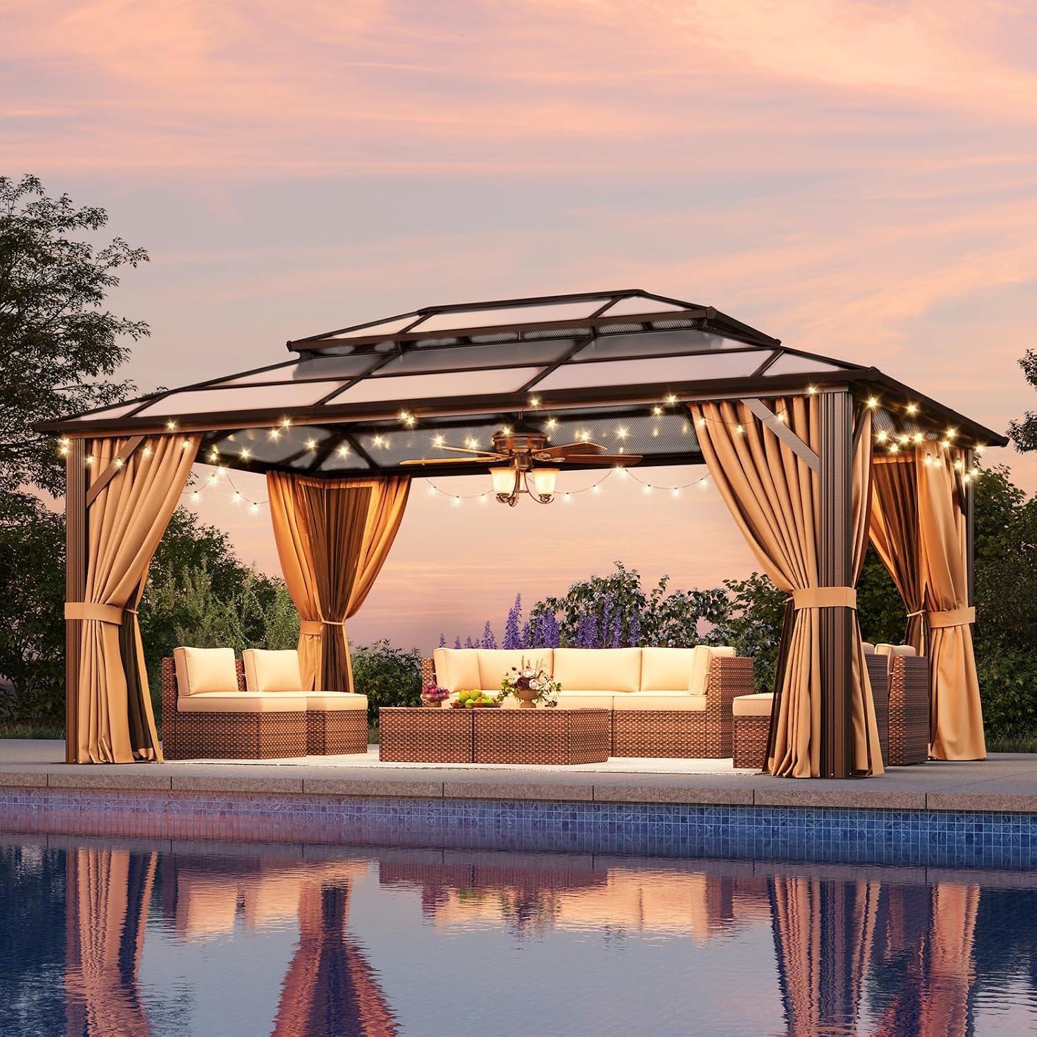 Aoxun 12' x 16' Polycarbonate Hardtop Gazebo, Brown