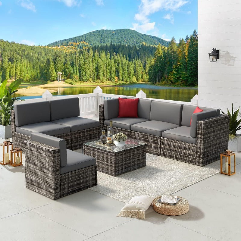 7 Pieces Wicker Patio Sofa Sets with Washable Cushions & Glass Coffee Table, Grey