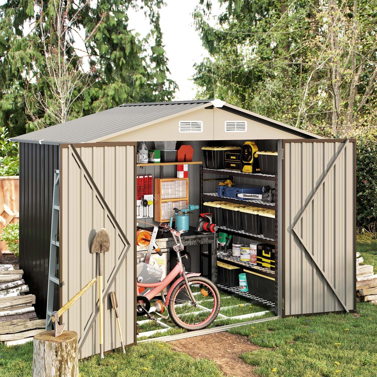 Utility Metal Shed, Steel Tool Shed with Air Vent and Lockable Door