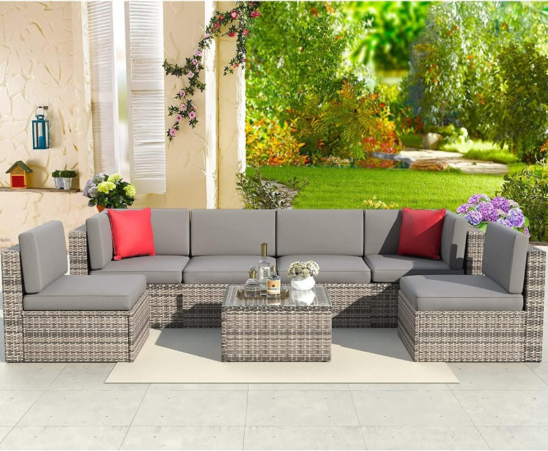 7 Pieces Wicker Patio Sofa Sets with Washable Cushions & Glass Coffee Table, Grey