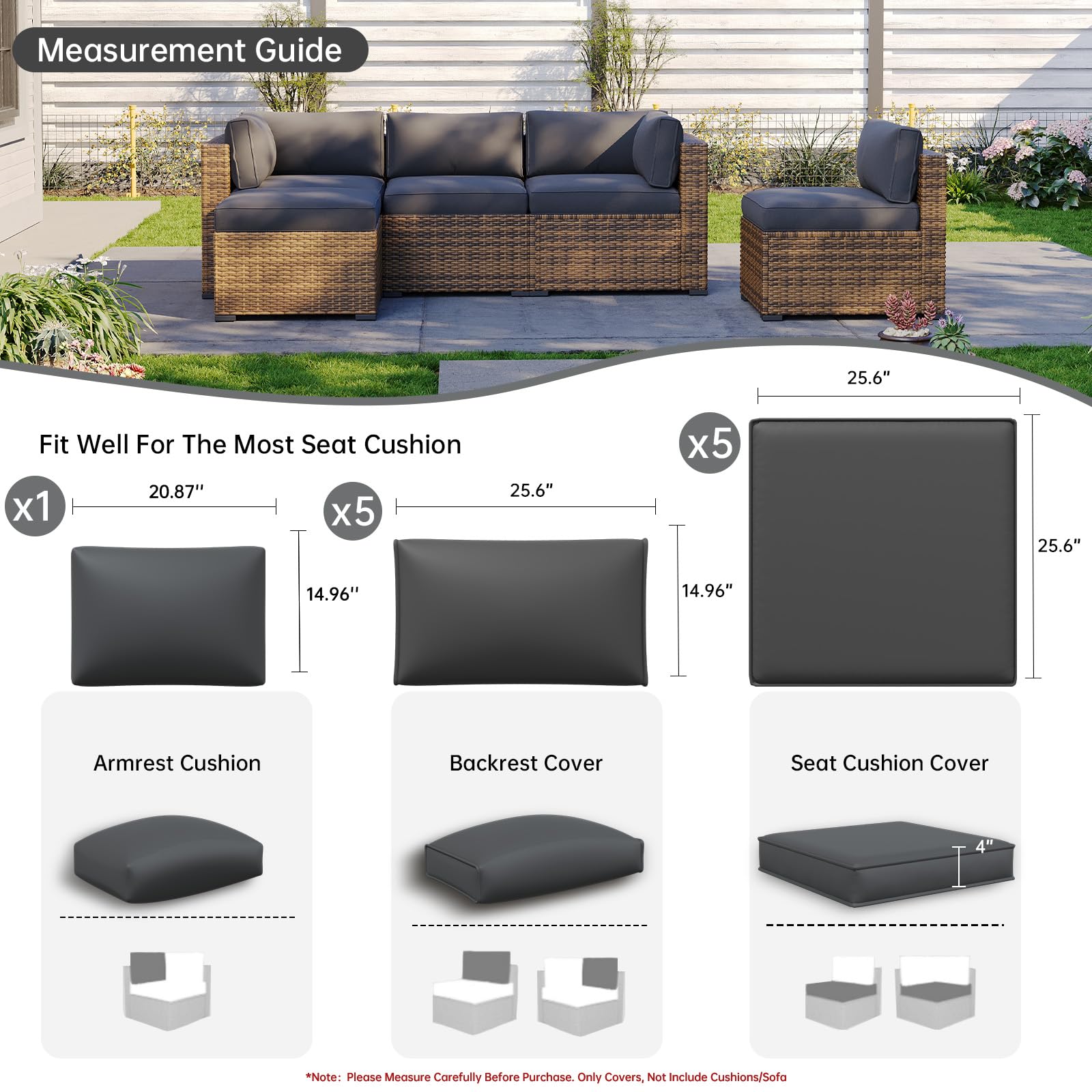 Aoxun 11pcs Patio Cushion Covers Replacement, Waterproof Outdoor Furniture Cushion Covers with Zipper and Non-Slip Bottom, Patio Sofa Couch 3 Sizes for Patio Sectional, Covers Only (Grey)
