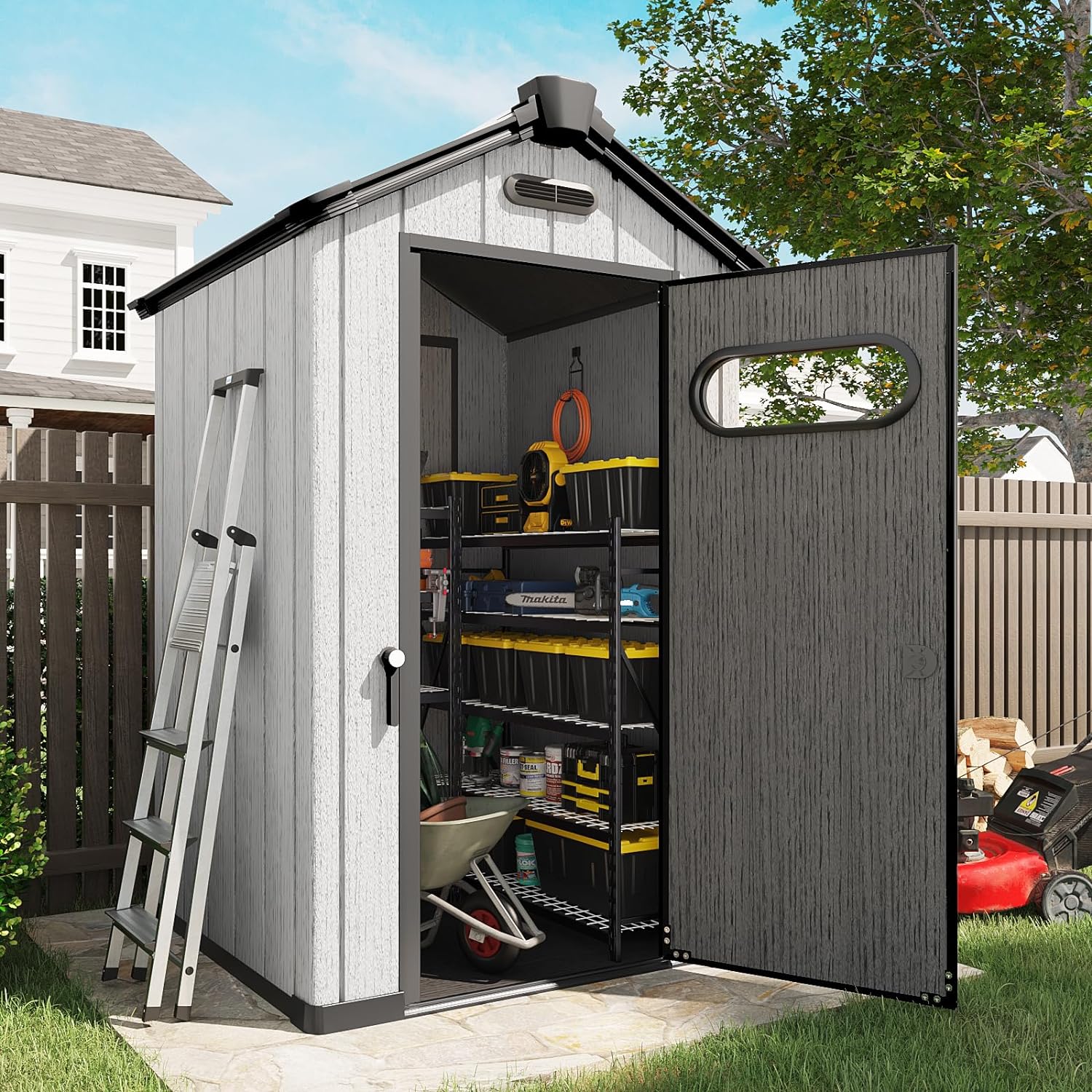 3.8 x 4.0 ft Resin Tool Shed, Polypropylene Storage Shed with Lockable Doors, Floor Included, Black and Grey