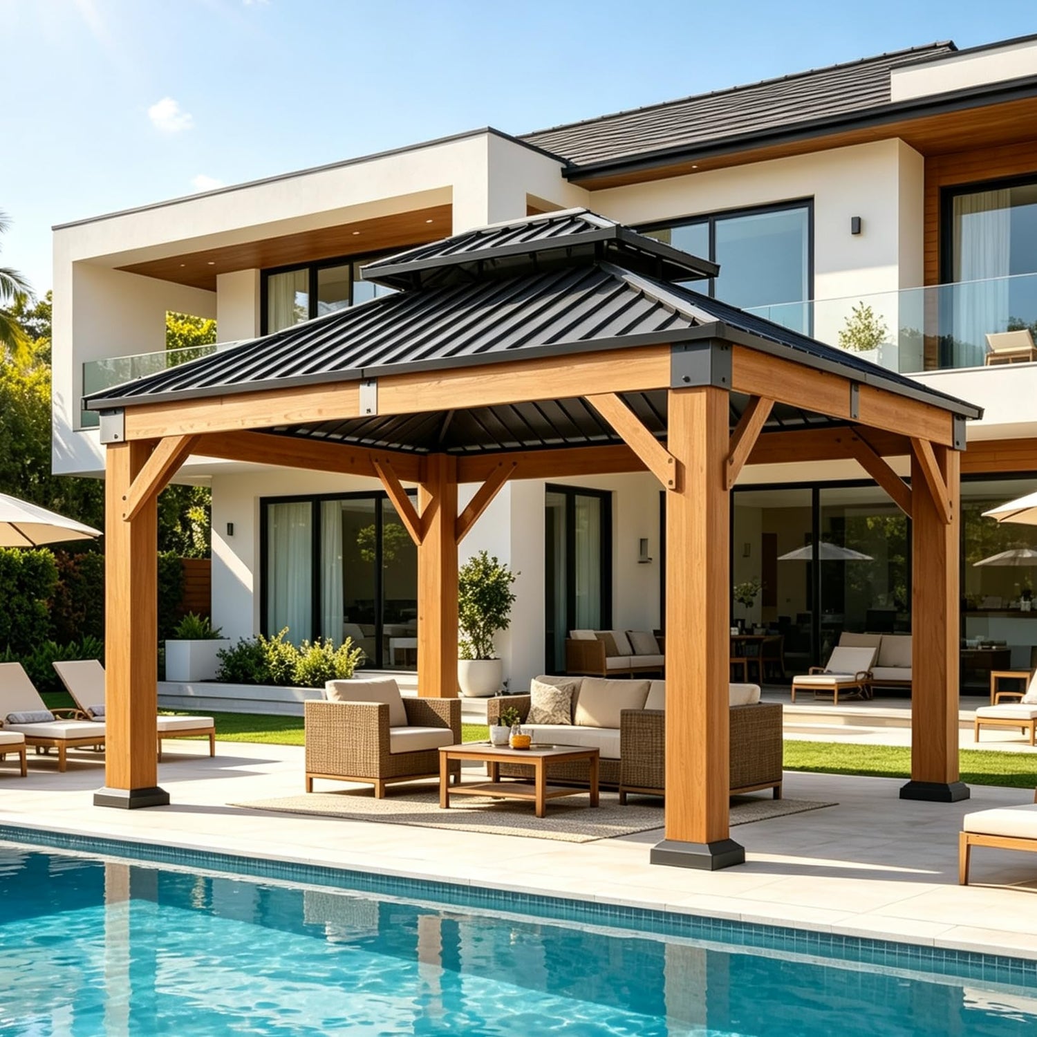 Aoxun 10' x 12' Cedar Wood Hardtop Gazebo with Galvanized Steel Double Roof