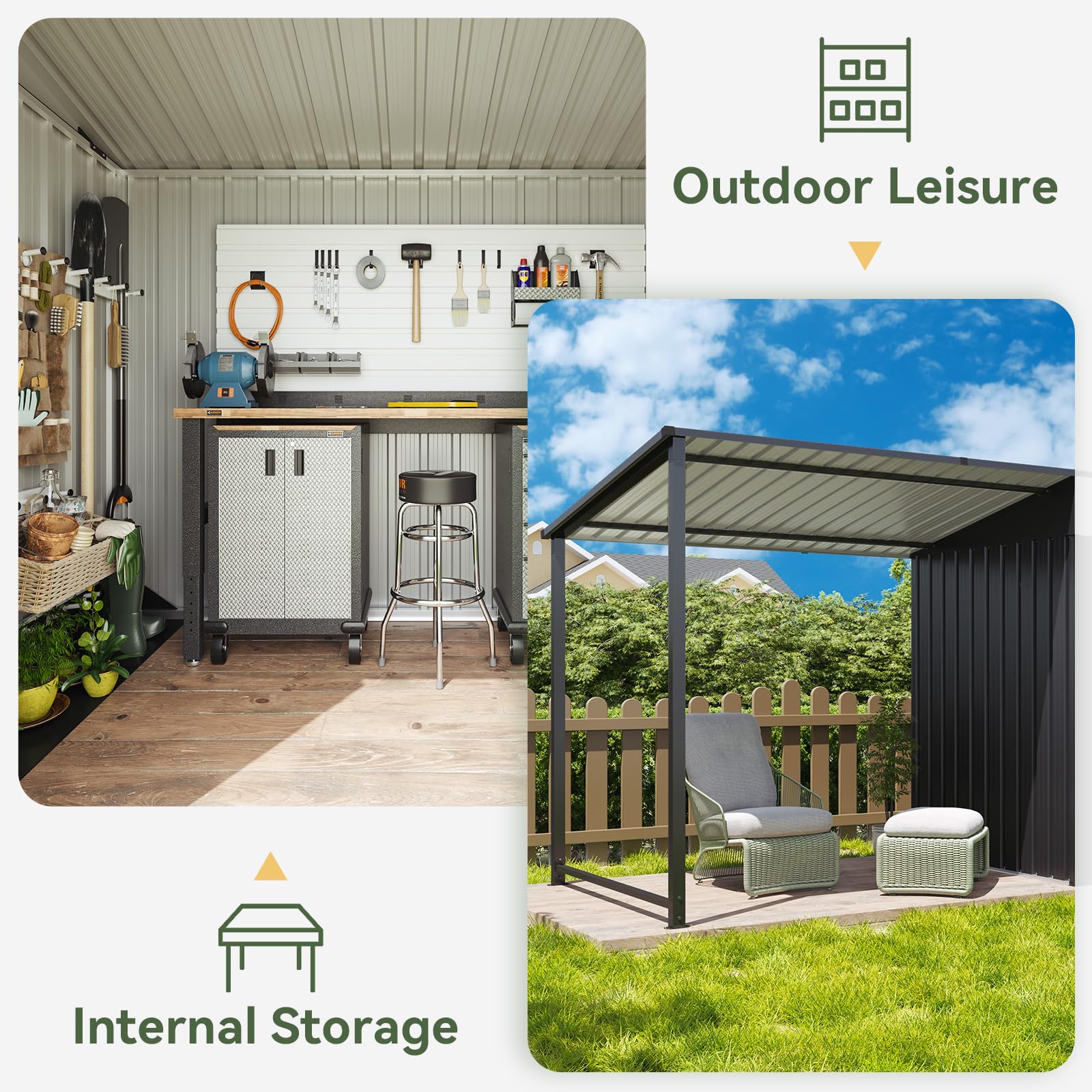 Aoxun 6x4FT Outdoor Storage Shed & Hardtop Gazebo Combo, 12x4FT Metal Lean to Shed with Open-Sided Pergola, 2-in-1 Durable Garden Tool Shed for Patio, Backyard, Deck