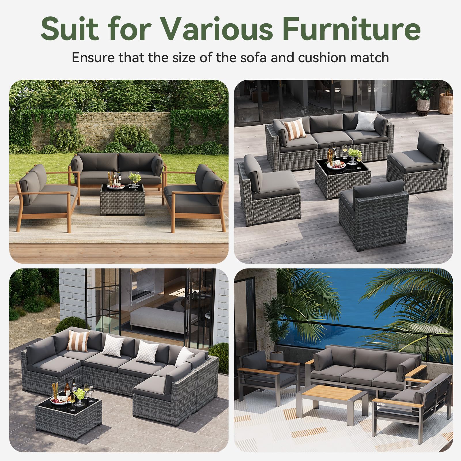 Aoxun Replacement Cushions for Outdoor Furniture, 14-Piece Outdoor Cushions for Patio Furniture, Deep Seat, Splash-Proof & Fade Resistant Couch Cushion for 6-Seat Patio Conversation Sets, Grey
