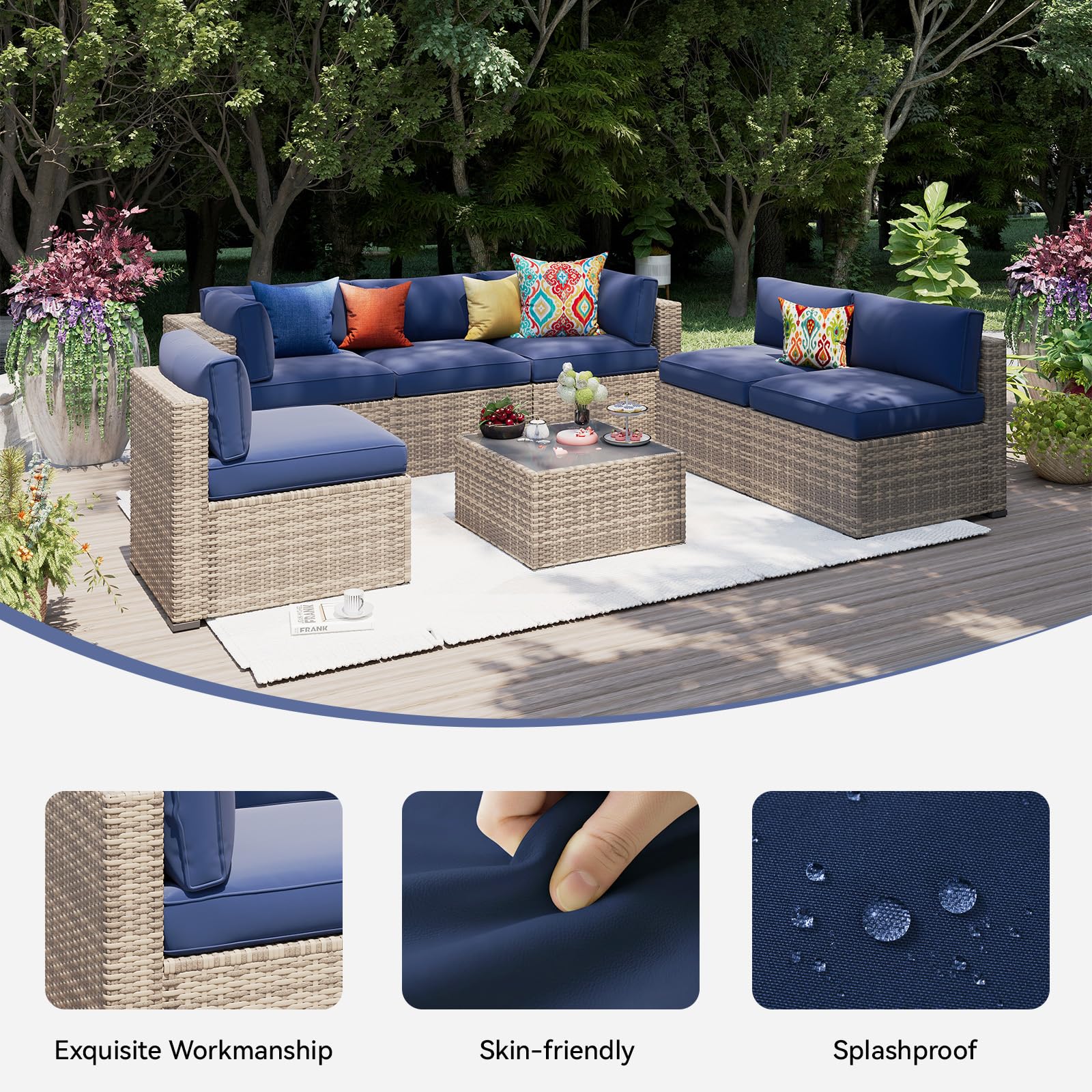 Aoxun 14pcs Patio Cushion Covers Replacement, Waterproof Outdoor Furniture Cushion Covers with Zipper and Non-Slip Bottom, Patio Sofa Couch 3 Sizes for Patio Sectional, Covers Only (Navy)