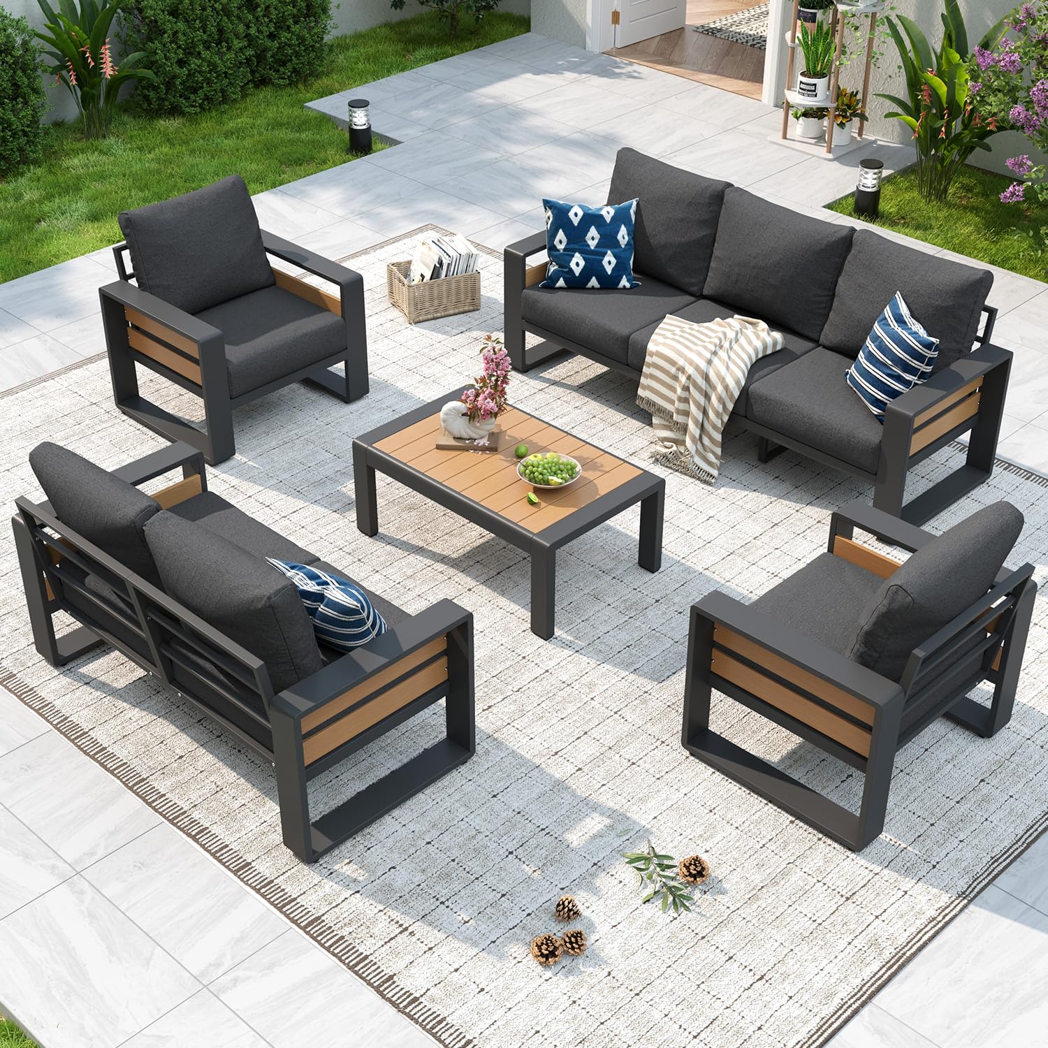 Aoxun Aluminum Patio Furniture Set, 5 Piece Luxury Outdoor Sectional with 6" Olefin Fabric Cushions, Patio Conversation Sets with Coffee Table and Waterproof Cover for Backyard, Porch Dark Grey