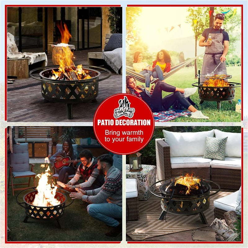 Fire Pit with Cooking Grate Grill, Outdoor Wood Burning Fire Pit with Cover & Fire Poker