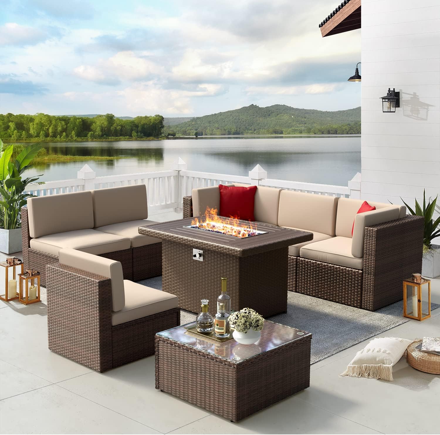 8 Pieces Patio Wicker Sofa Set with 40" Fire Pit Table, Brown