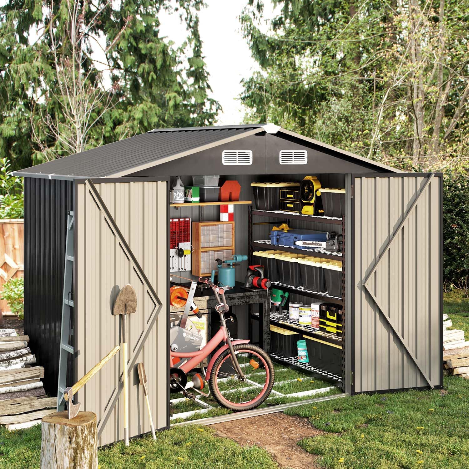 7.8' x 5.8' Metal Utility Tool Shed, Steel Storage Shed with Air Vent & Lockable Doors, Grey / Black