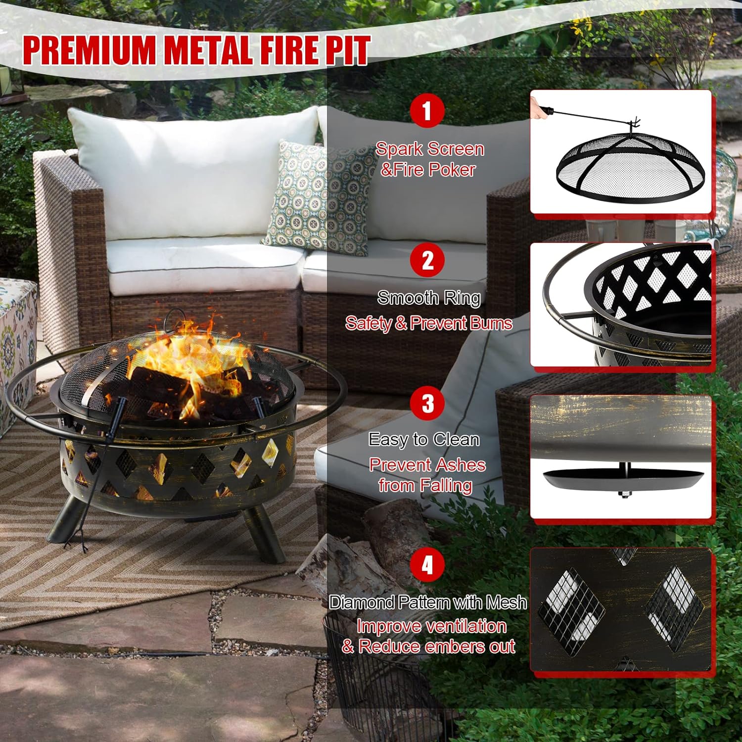 Fire Pit with Cooking Grate Grill, Outdoor Wood Burning Fire Pit with Cover & Fire Poker