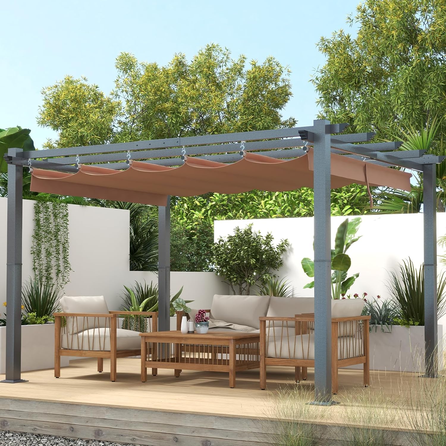 Retractable Pergola with Sun Shade Cover, Aluminum Frame Grape Trellis