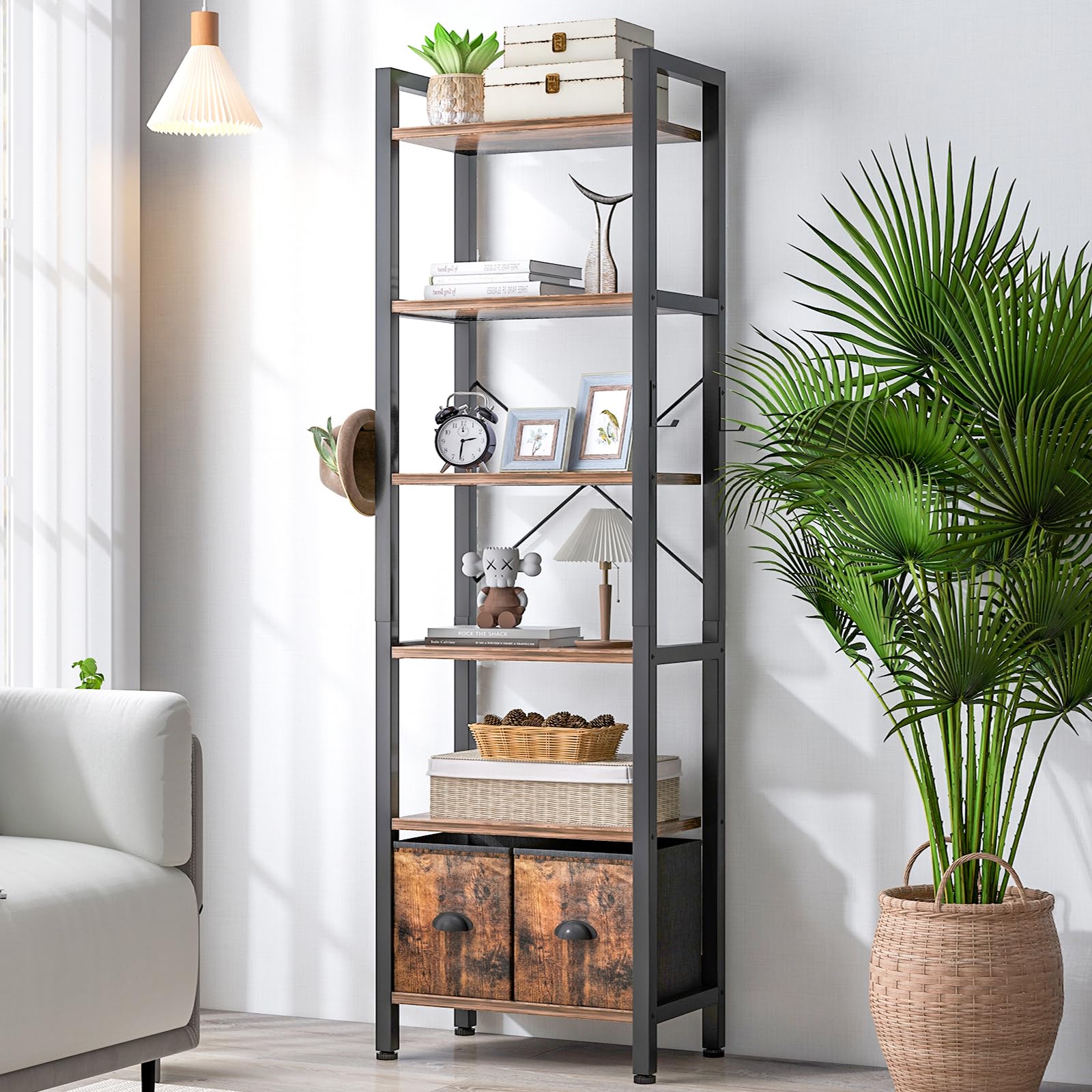 6 Shelf Bookcase with 2 Drawers, 71" Rustic Brown Bookshef for Living Room and Home Office