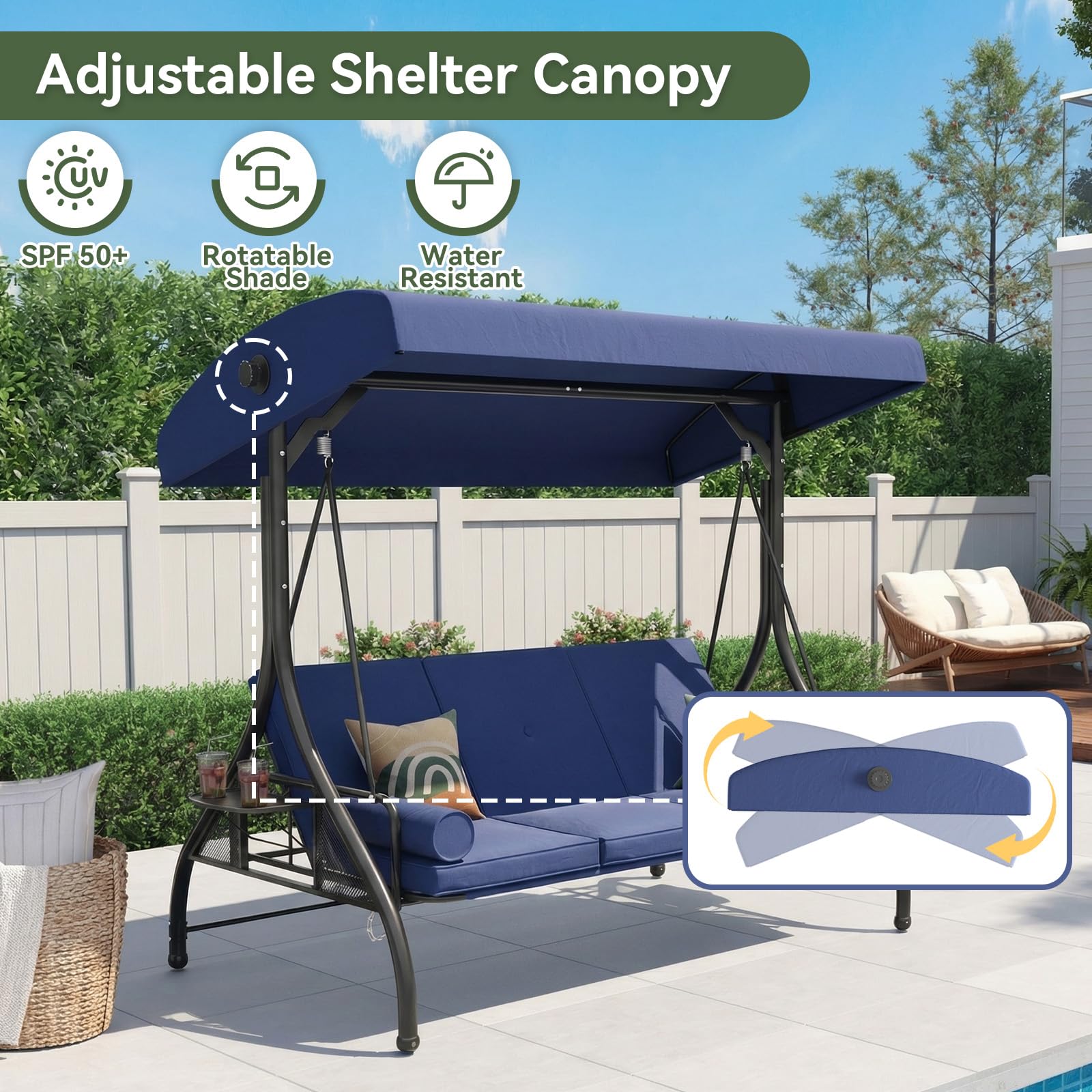 Aoxun Outdoor Porch Swing with Stand and Canopy, 3 Seats Outdoor Swings for Adults, Convertible 2 in 1 Swing Bed with Cup Holder, Patio Swings with Thicken Cushions for Garden, Yard & Balcony, Blue