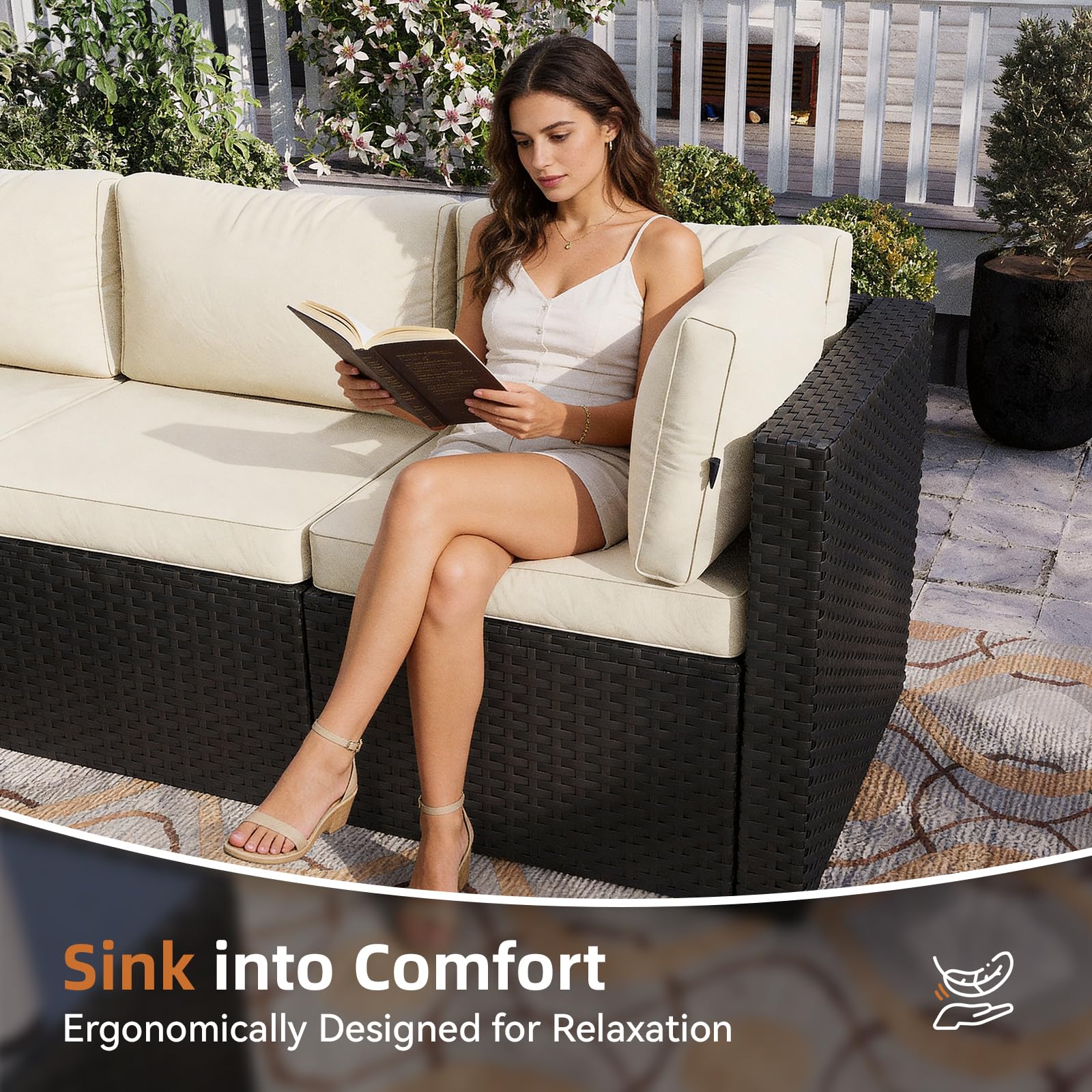 Aoxun Patio Furniture Set 5-Piece, Outdoor Sectional Sofas with Washable Cushion, Wicker Rattan Patio Conversation Sets for Backyard Porch and Poolside