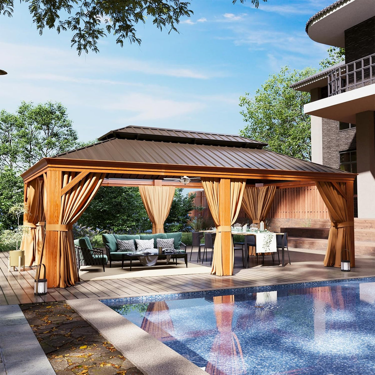 Aoxun 12' x 20' Wood-Finish Hardtop Gazebo with Curtains & Netting