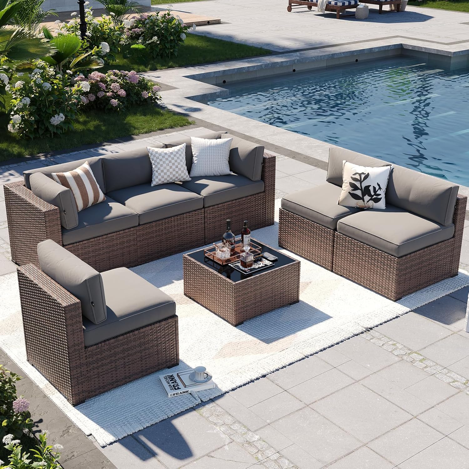 7 pcs Patio Wicker Sofa Sets with Umbrella / Fire Pit