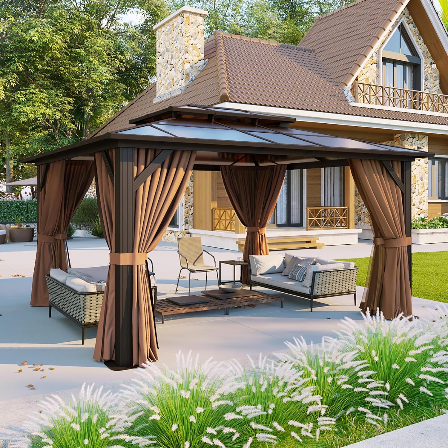 Aoxun 12' x 10' Polycarbonate Hardtop Gazebo, Brown