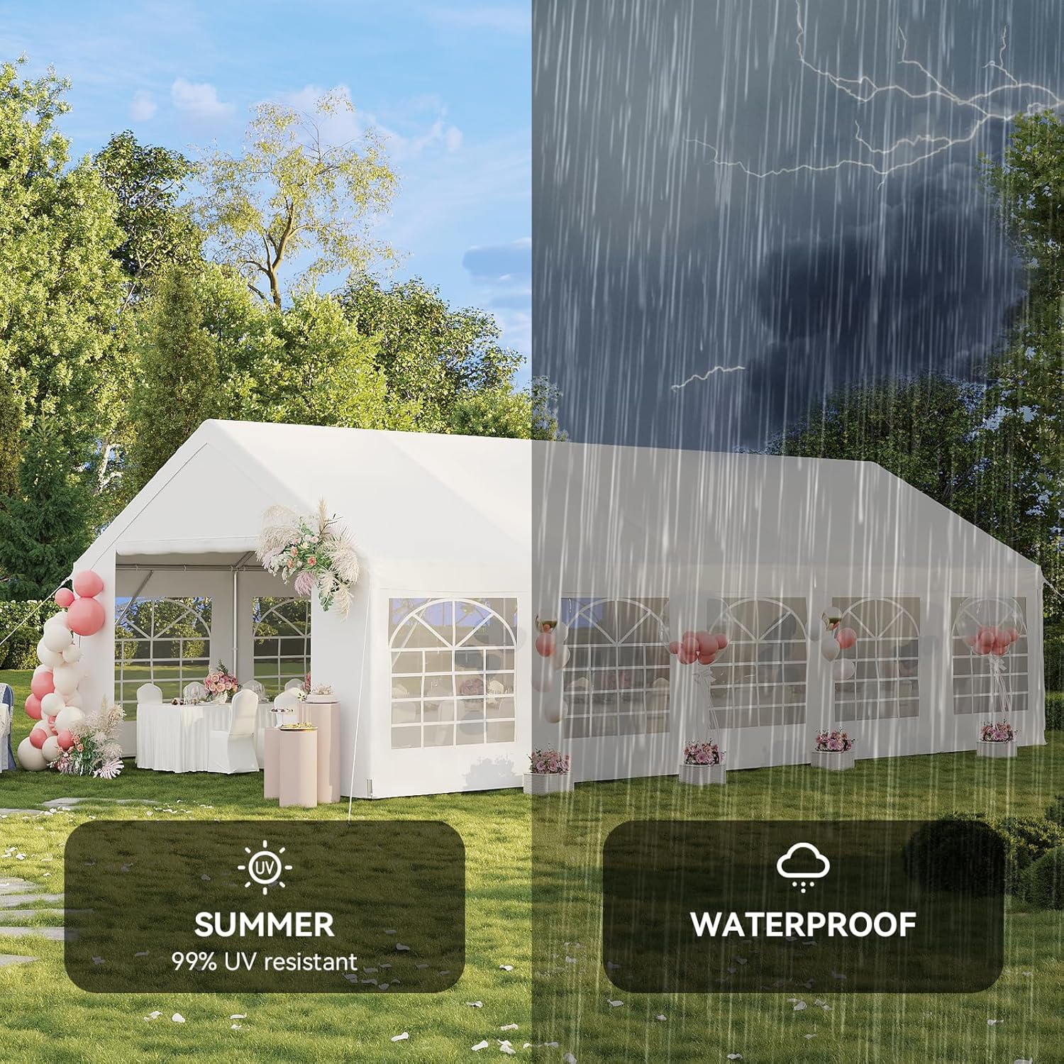 Aoxun 33x17 Heavy-Duty Party Tent, Waterproof Canopy with Removable Walls & Roll-Up Door,for Weddings, BBQ, Camping Party Tent,White