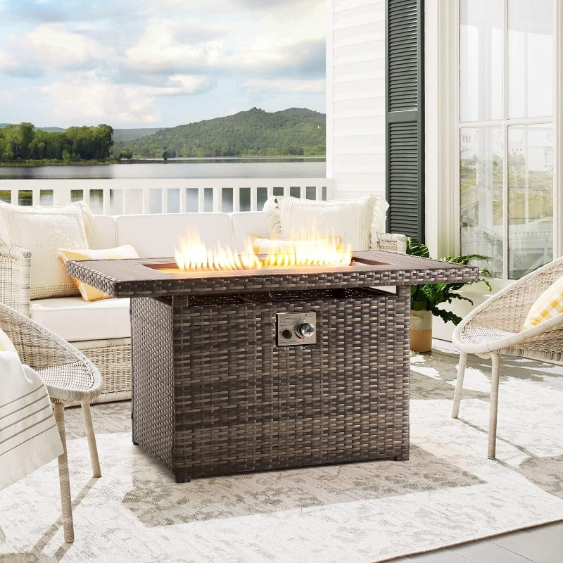 Aoxun 40" Propane Fire Pit Table, 50,000 BTU with Cover, Brown Wicker