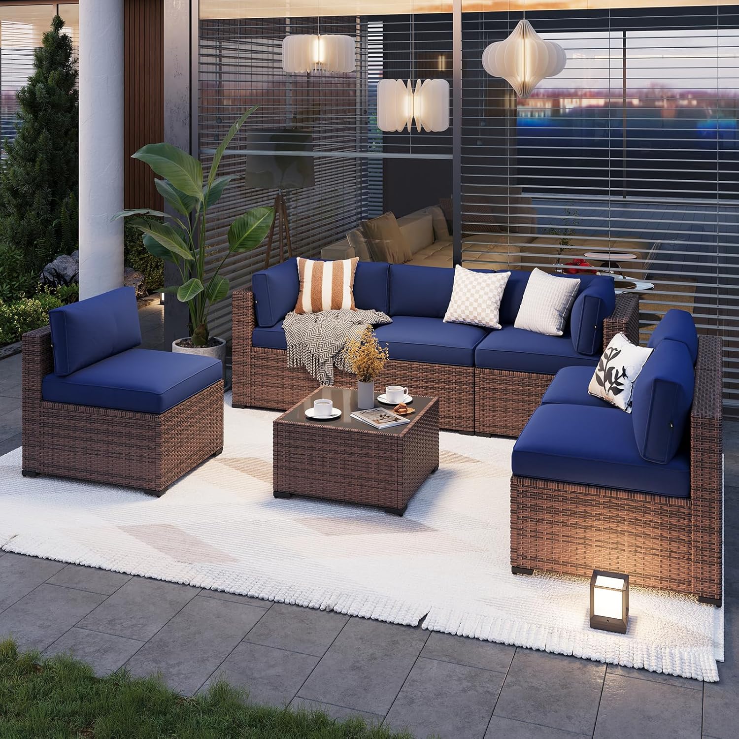 7 pcs Patio Wicker Sofa Sets with Umbrella / Fire Pit