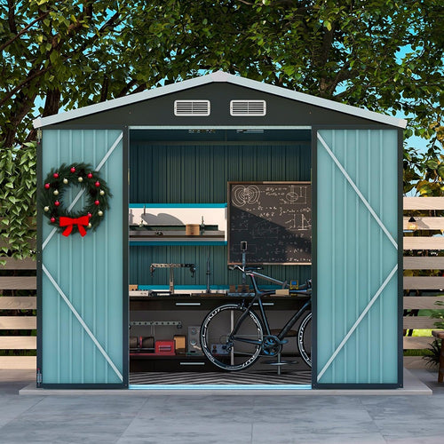 8 x 6 ft Utility Metal Shed with/without Base, Galvanized Steel Tool Storage Shed with Door & Lock, Black