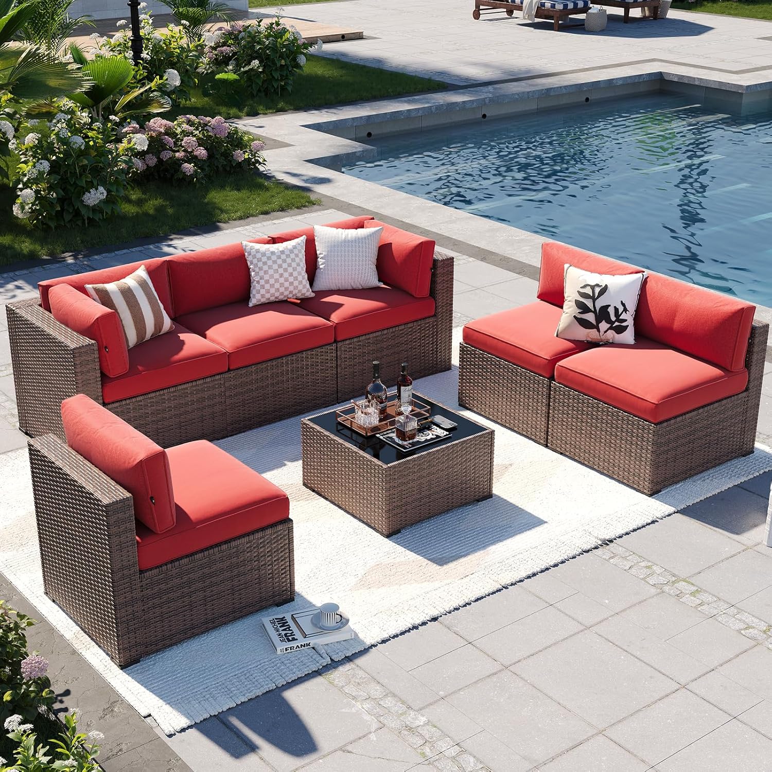 7 pcs Patio Wicker Sofa Sets with Umbrella / Fire Pit