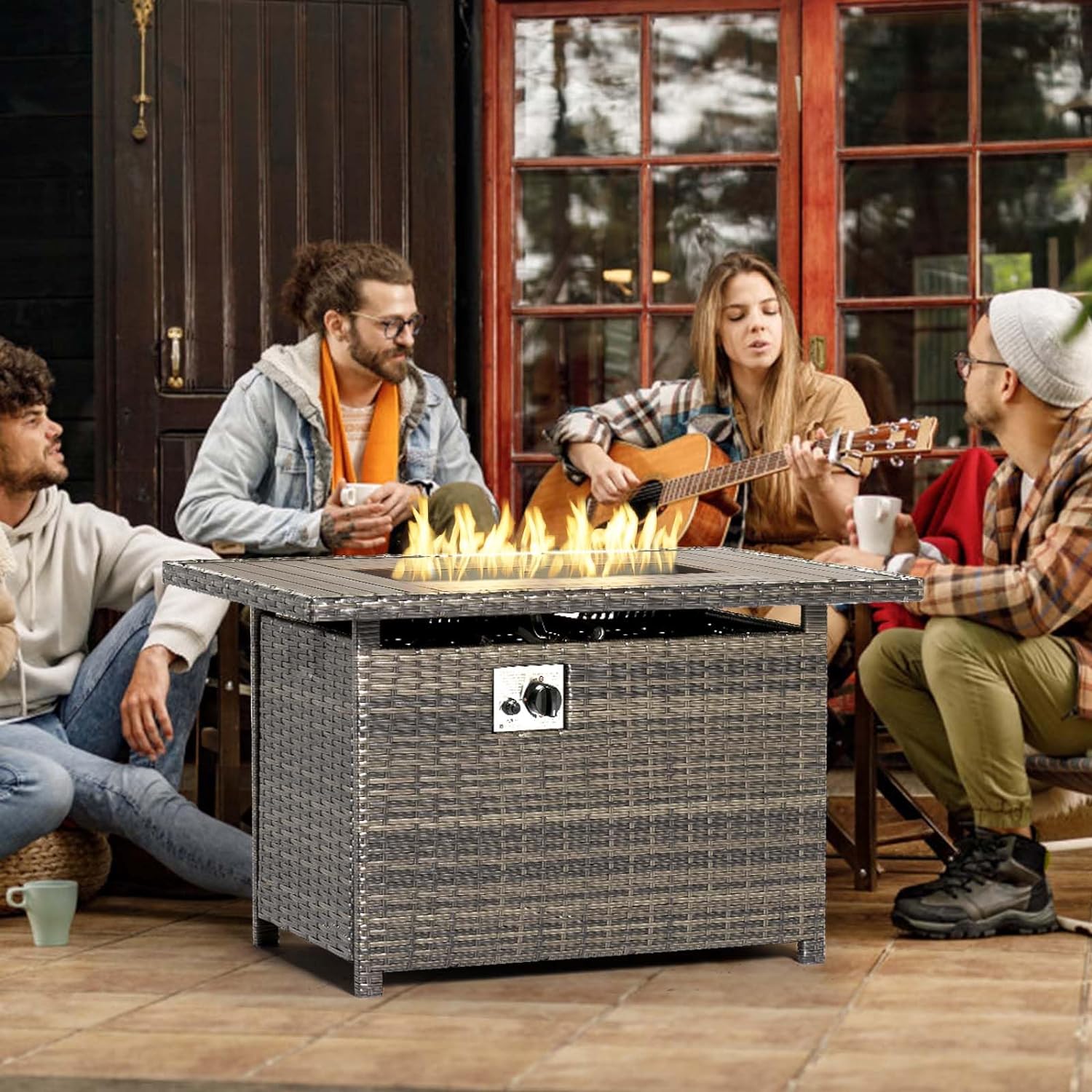 40" Wicker Propane Fire Pit Table, 50,000 BTU, Auto Ignition Gas Fire Pit with Oxford Cover