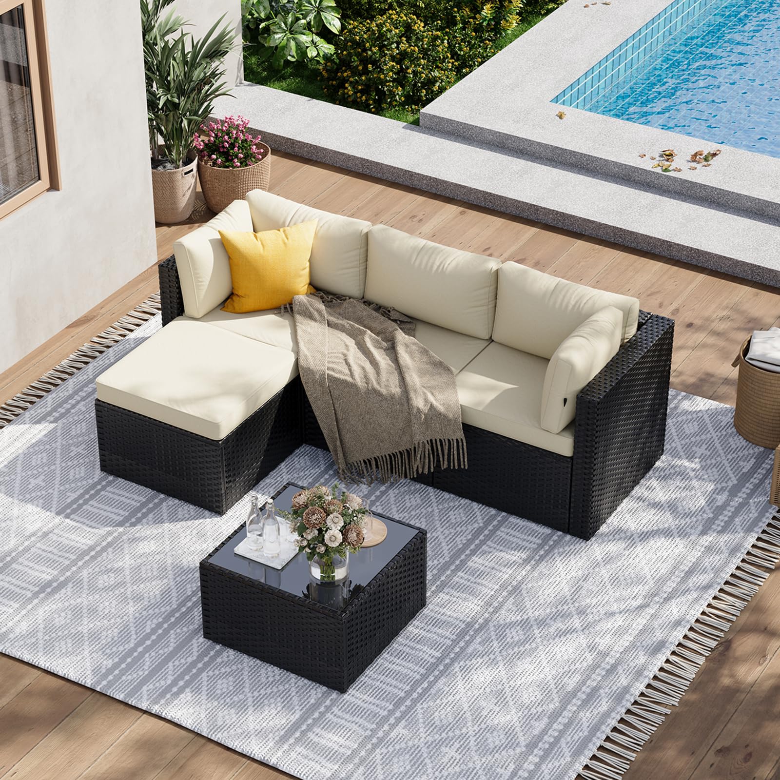 Aoxun Patio Furniture Set 5-Piece, Outdoor Sectional Sofas with Washable Cushion, Wicker Rattan Patio Conversation Sets for Backyard Porch and Poolside