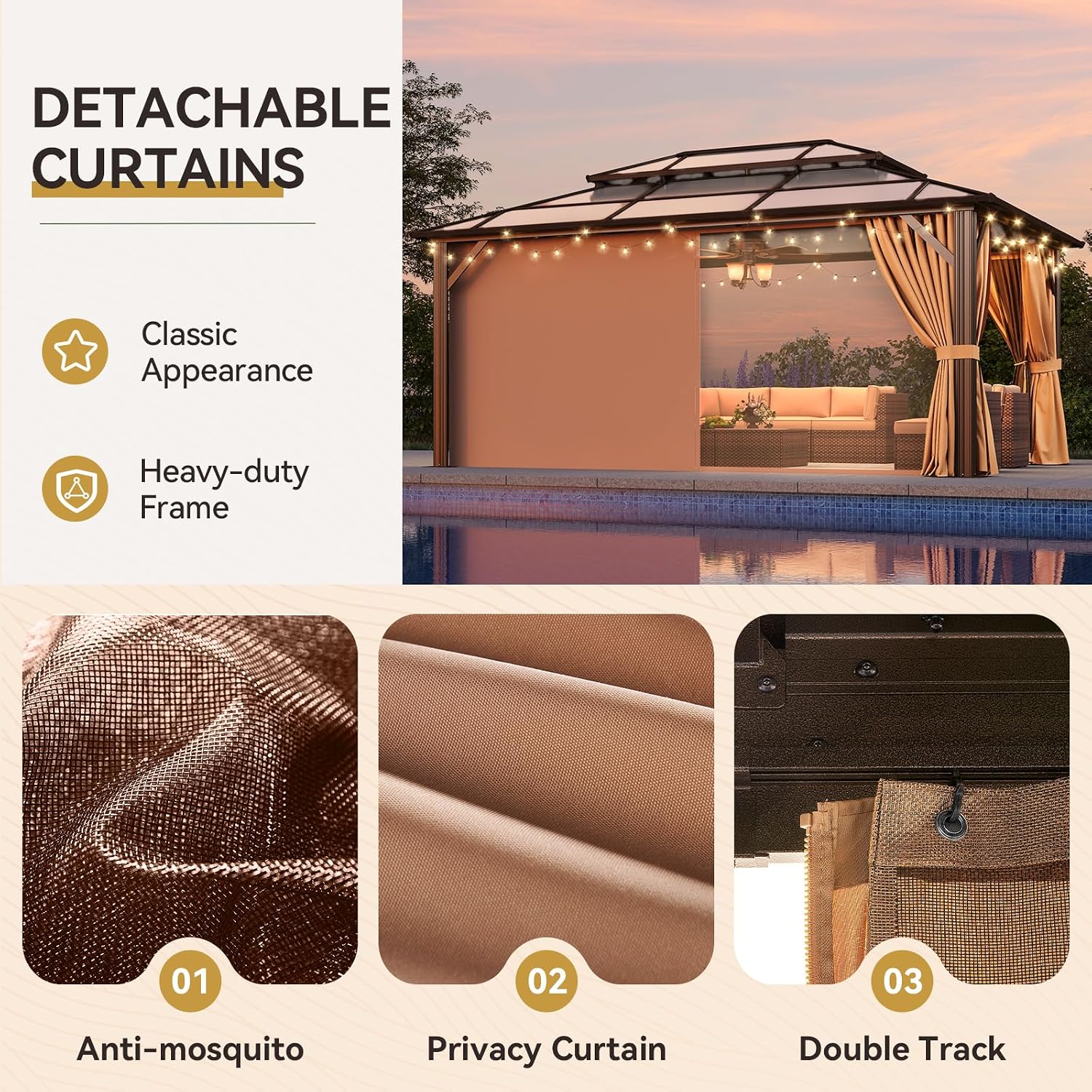 Aoxun 12' x 16' Polycarbonate Hardtop Gazebo, Brown