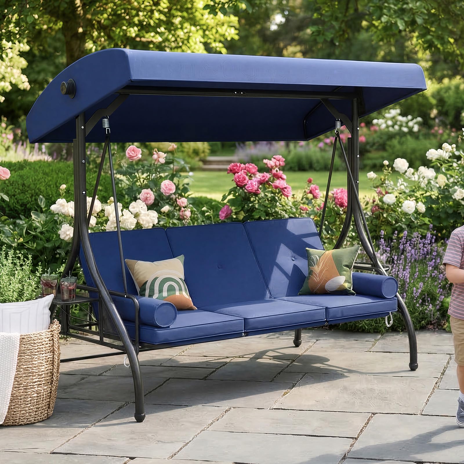 Aoxun Outdoor Porch Swing with Stand and Canopy, 3 Seats Outdoor Swings for Adults, Convertible 2 in 1 Swing Bed with Cup Holder, Patio Swings with Thicken Cushions for Garden, Yard & Balcony, Blue