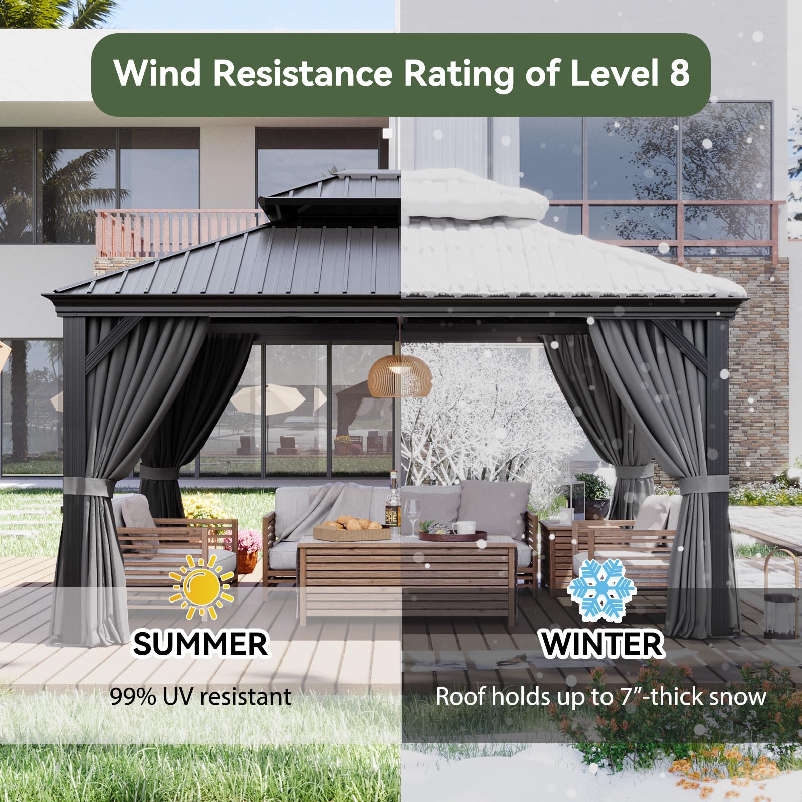 Aoxun 12' X 16' Hardtop Gazebo with Drainage System, Aluminum Outdoor Gazebo with Galvanized Steel Double Roof, Patio Permanent Metal Pavilion with Netting, for Garden, Deckyard, Grey