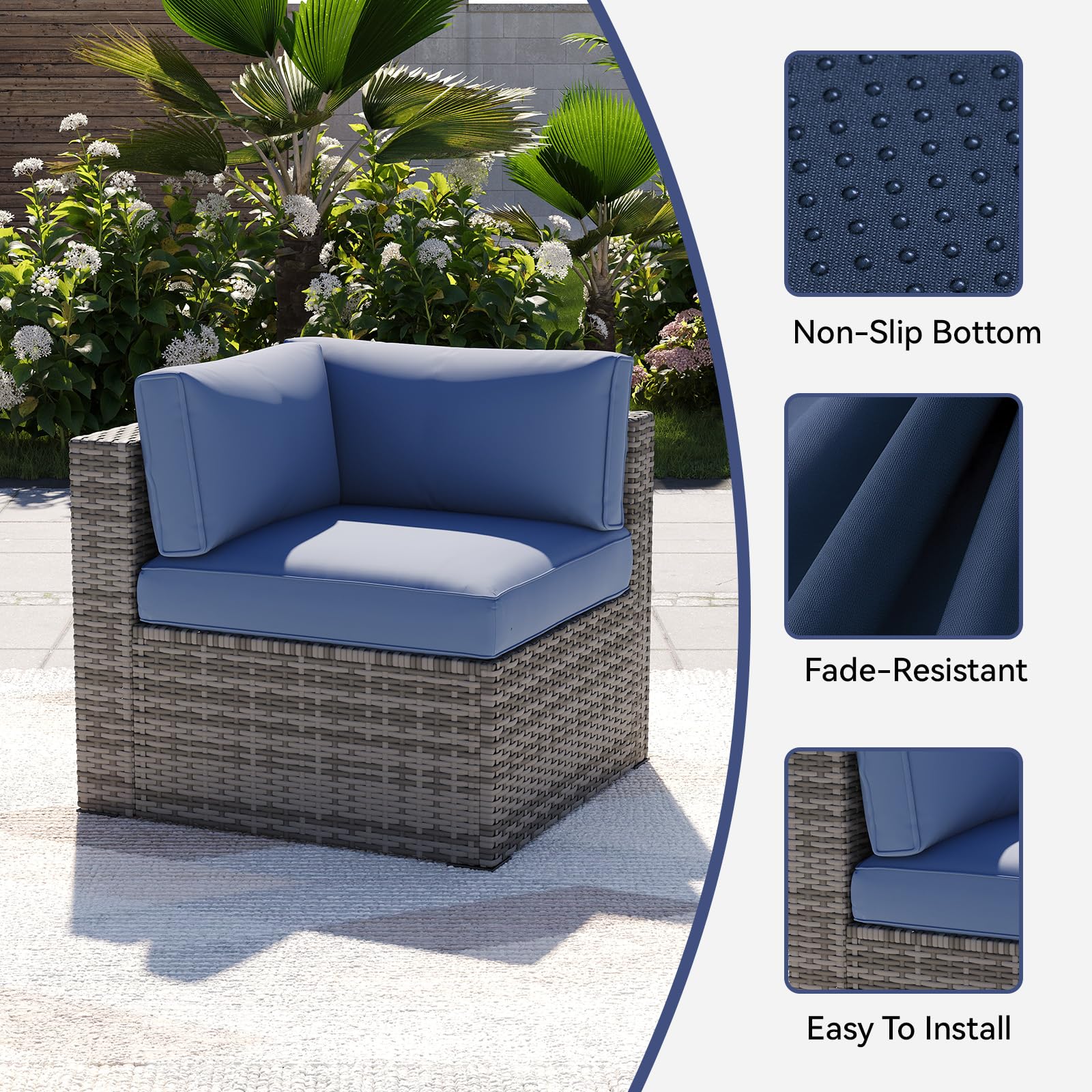Aoxun 14pcs Patio Cushion Covers Replacement, Waterproof Outdoor Furniture Cushion Covers with Zipper and Non-Slip Bottom, Patio Sofa Couch 3 Sizes for Patio Sectional, Covers Only (Navy)