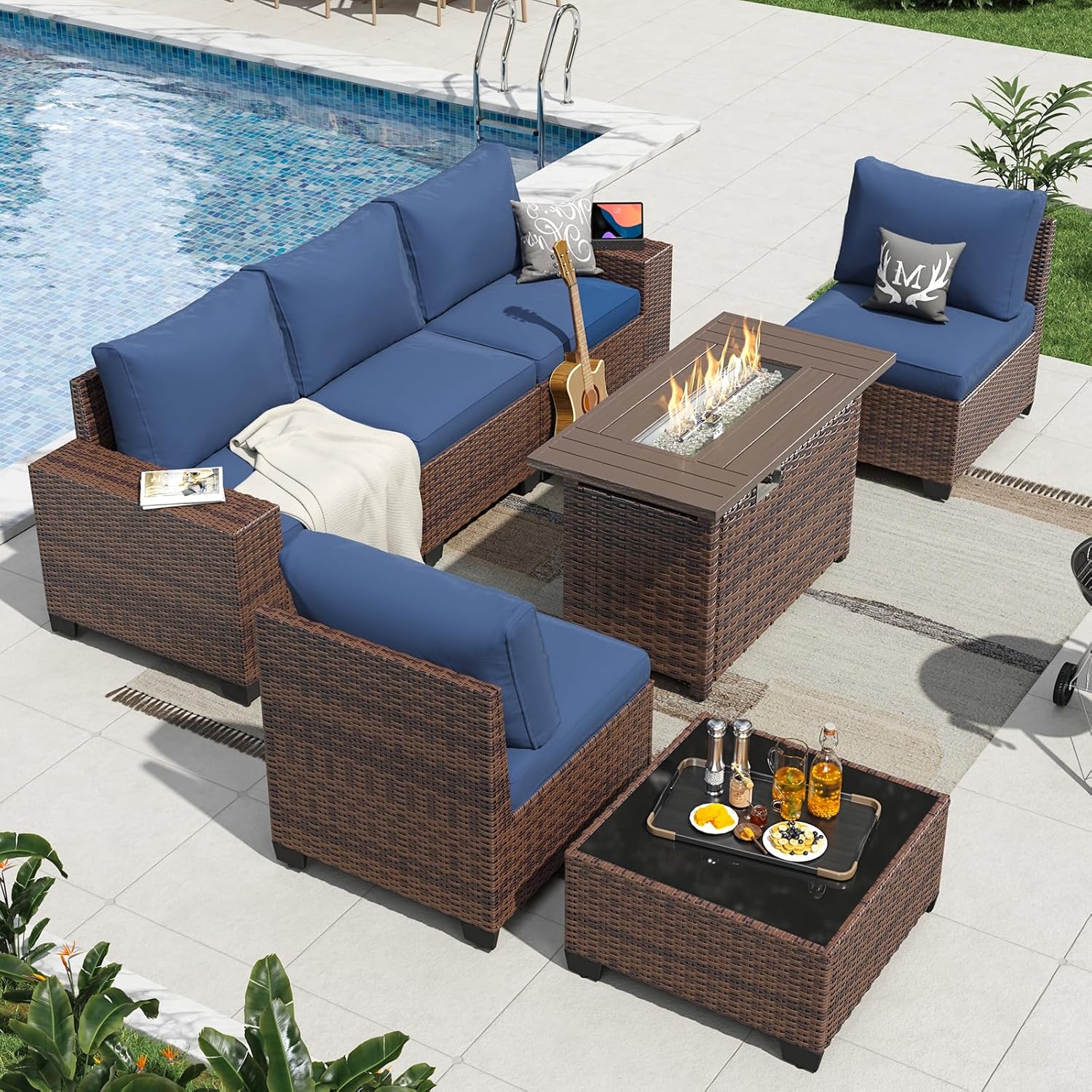 Patio Wicker Sofa Sets with Umbrella / Fire Pit